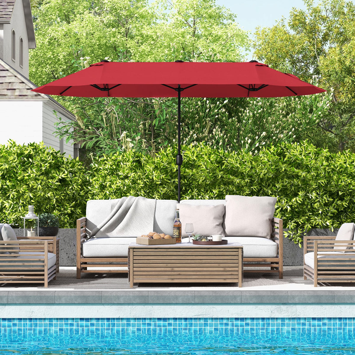 13 Feet Double-Sided Patio Twin Table Umbrella with Crank Handle-Wine-Outdoor Umbrellas-DECOROLALA