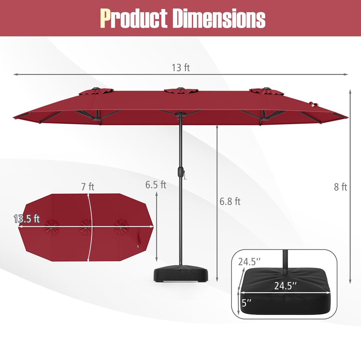 13 Feet Double-Sided Patio Twin Table Umbrella with Crank Handle-Wine-Outdoor Umbrellas-DECOROLALA