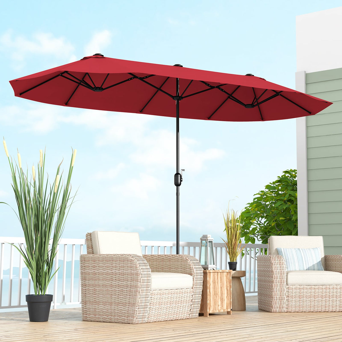 13 Feet Double-Sided Patio Twin Table Umbrella with Crank Handle-Wine-Outdoor Umbrellas-DECOROLALA