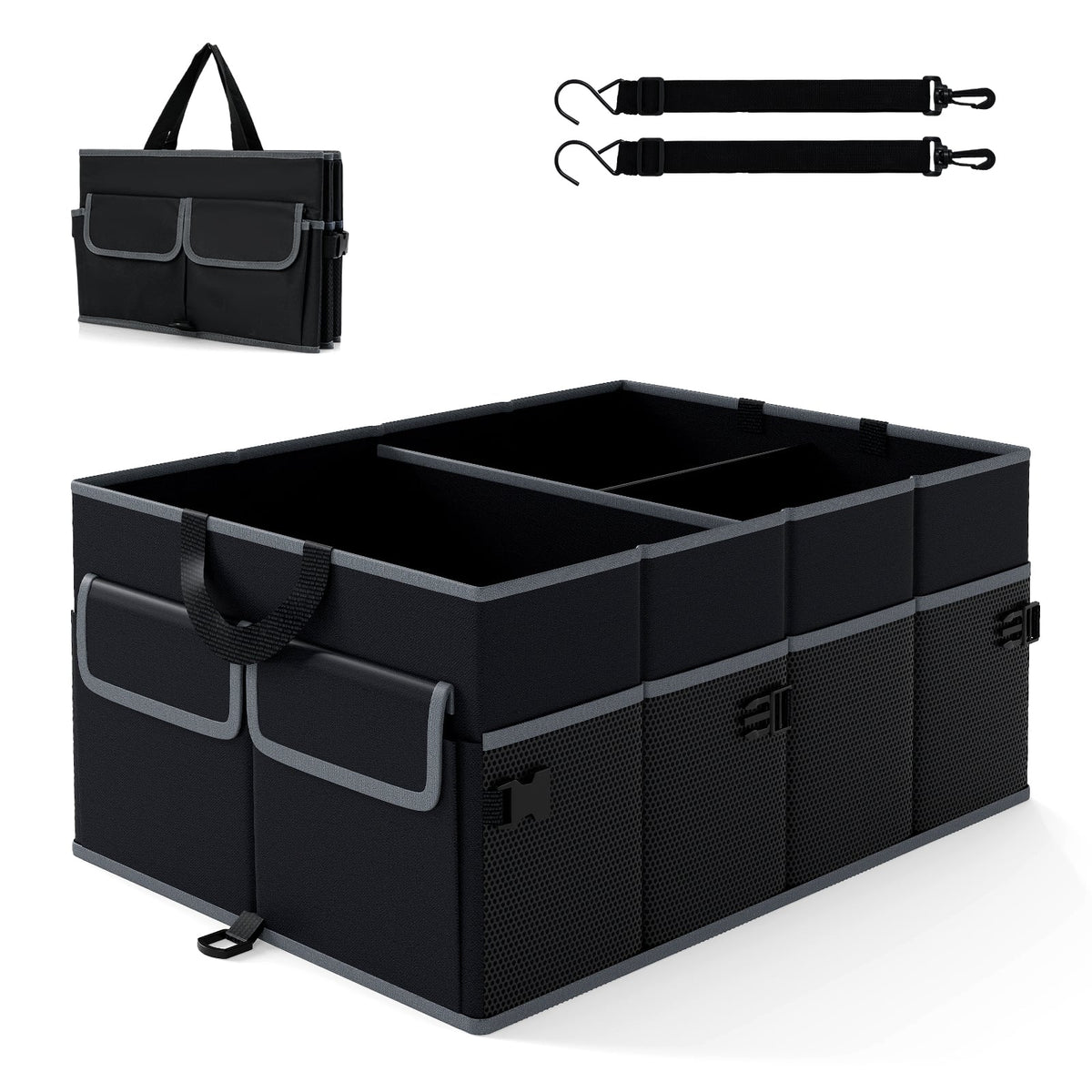 13 Gallon Car Trunk Organizer with Removable Divider and 6 Pockets-Black-Garages-DECOROLALA