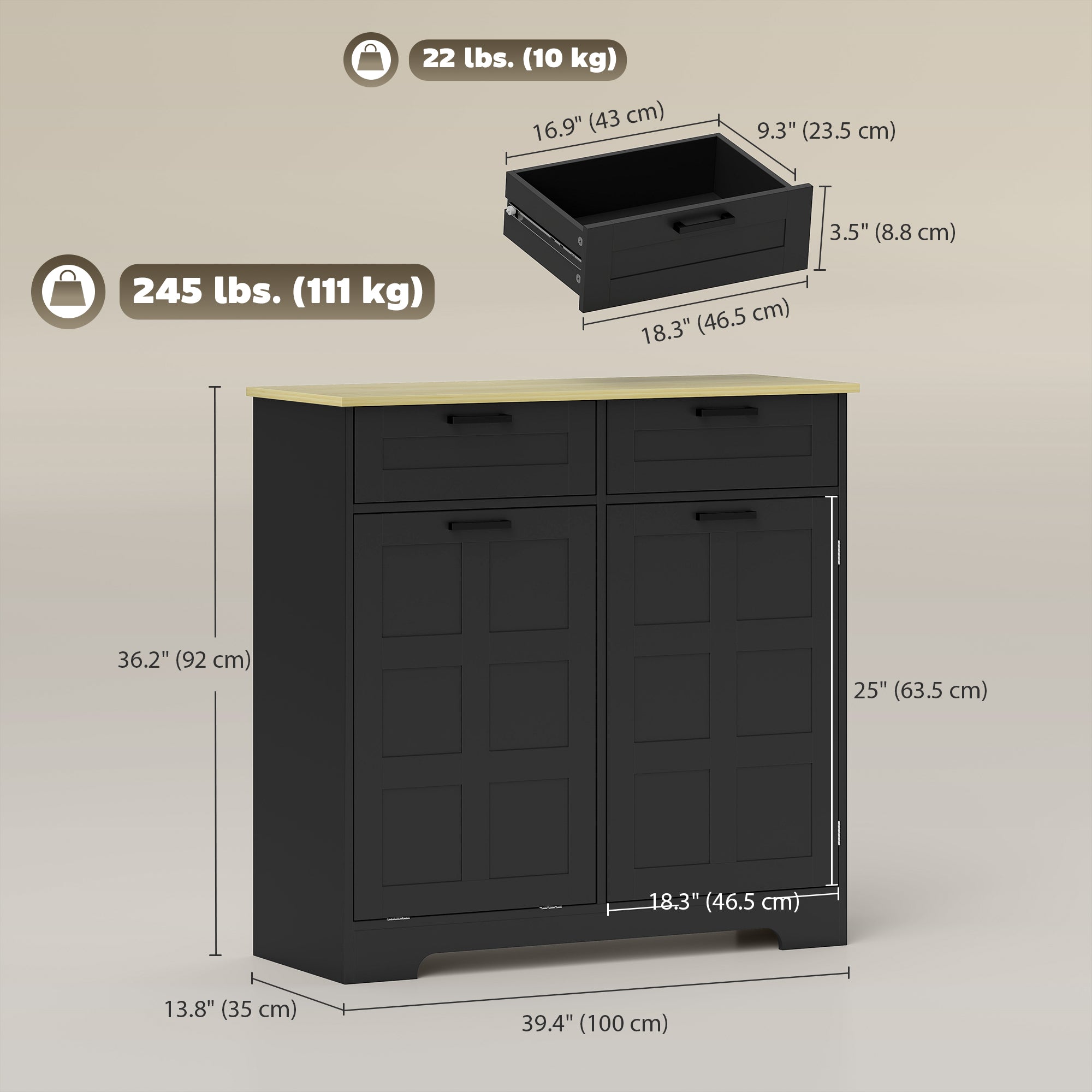 13 Gallon Tilt Out Trash Cabinet - Black Kitchen Island-DECOROLALA