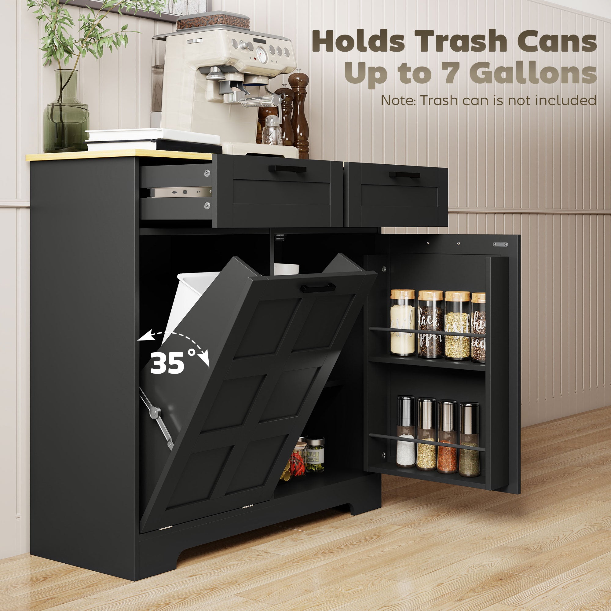 13 Gallon Tilt Out Trash Cabinet - Black Kitchen Island-DECOROLALA