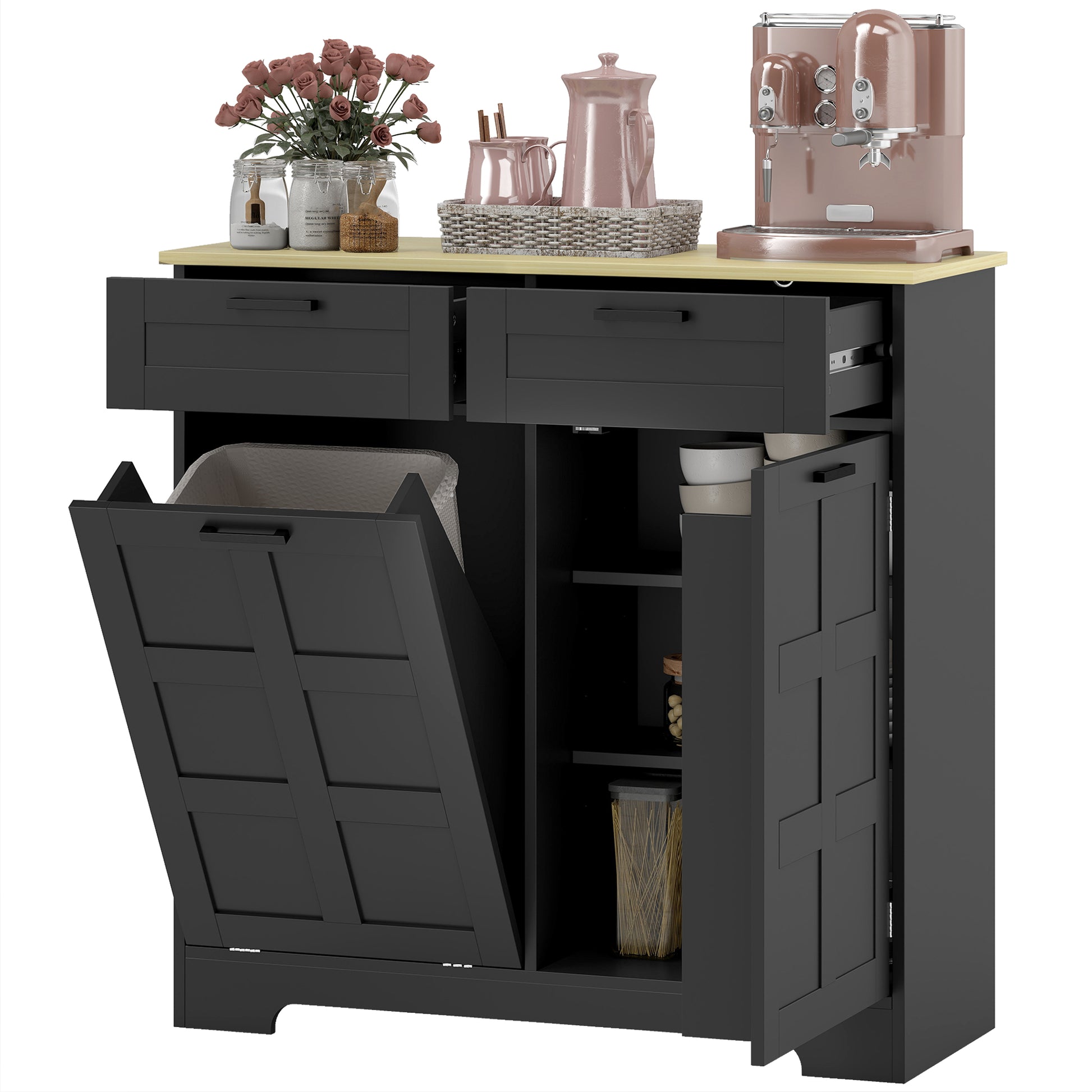 13 Gallon Tilt Out Trash Cabinet - Black Kitchen Island-DECOROLALA