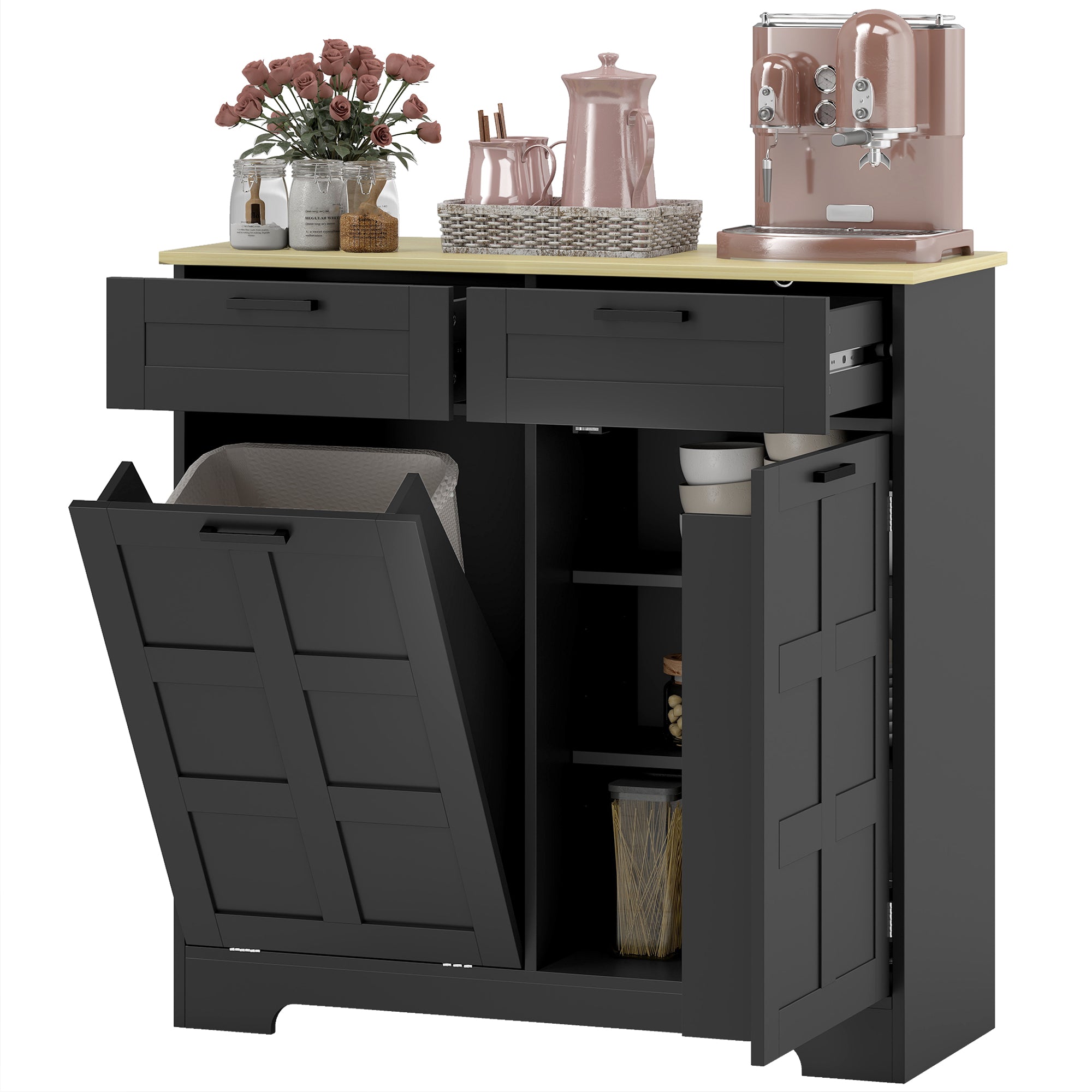 13 Gallon Tilt Out Trash Cabinet - Black Kitchen Island-DECOROLALA
