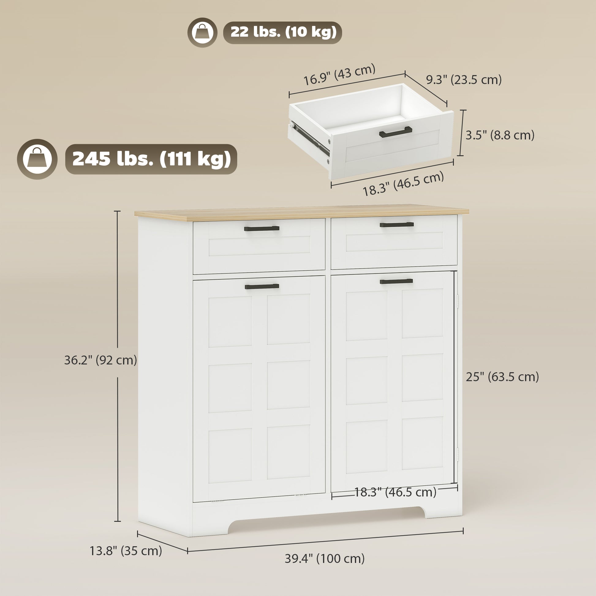 13 Gallon Tilt Out Trash Cabinet Kitchen Island - White-DECOROLALA