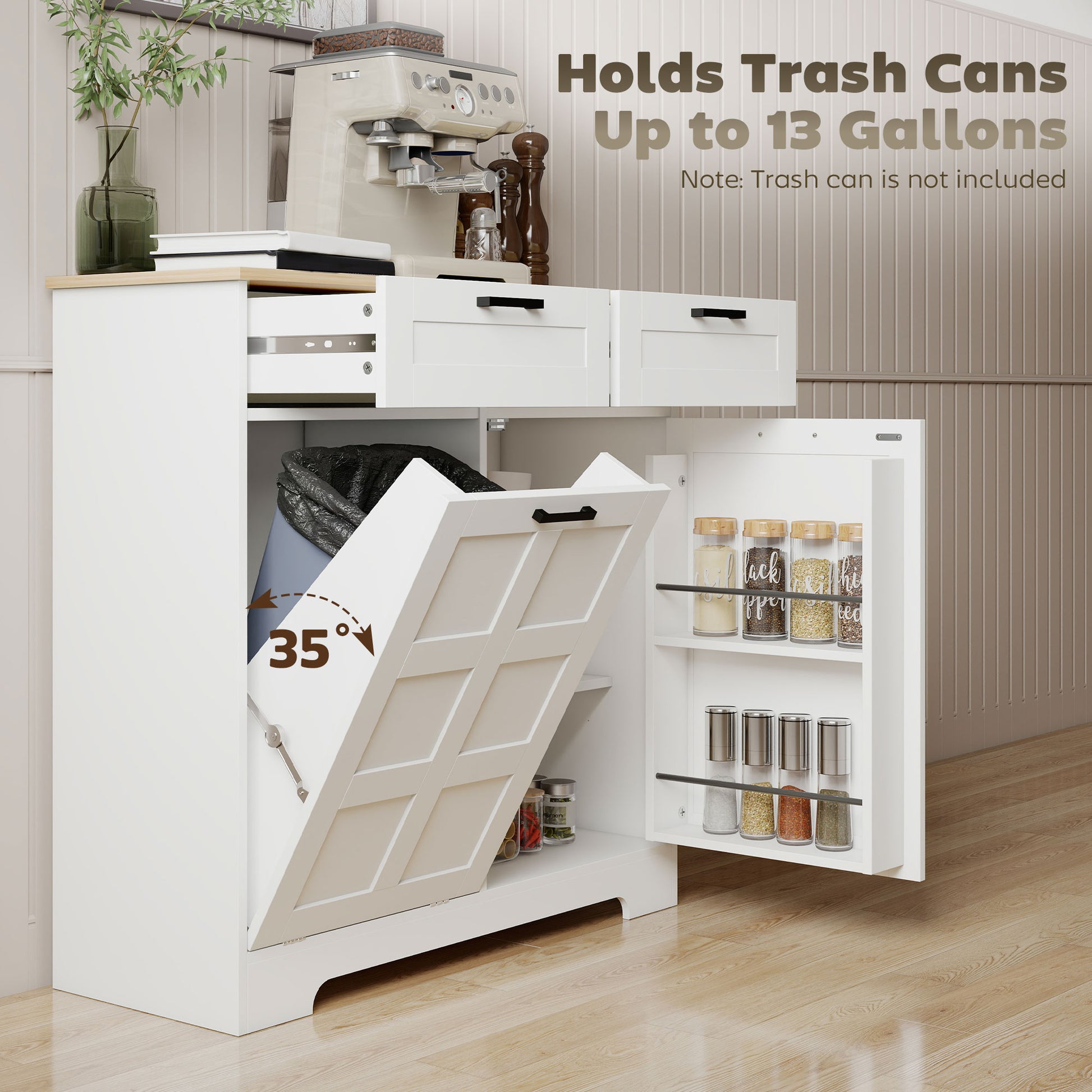 13 Gallon Tilt Out Trash Cabinet Kitchen Island - White-DECOROLALA