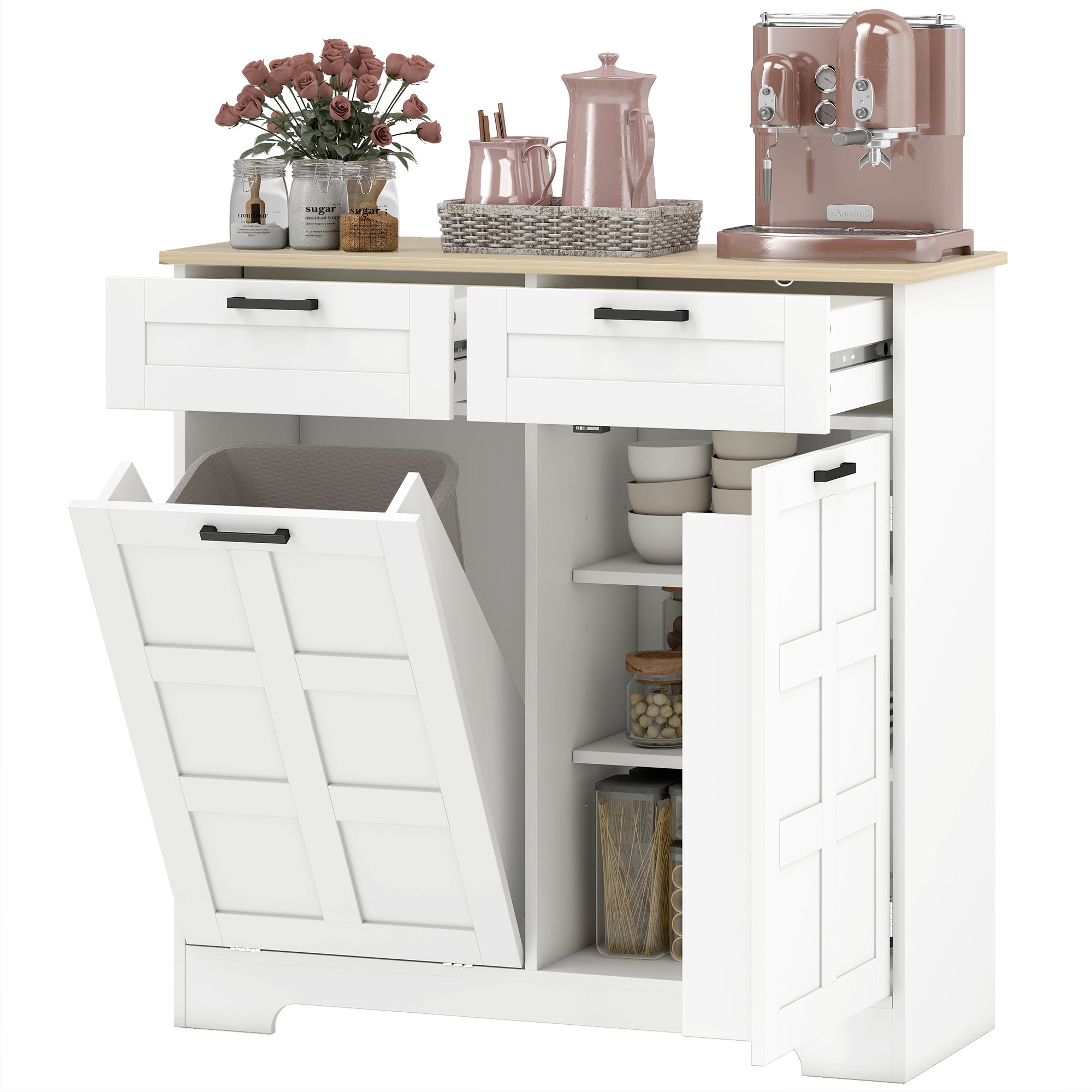 13 Gallon Tilt Out Trash Cabinet Kitchen Island - White-DECOROLALA