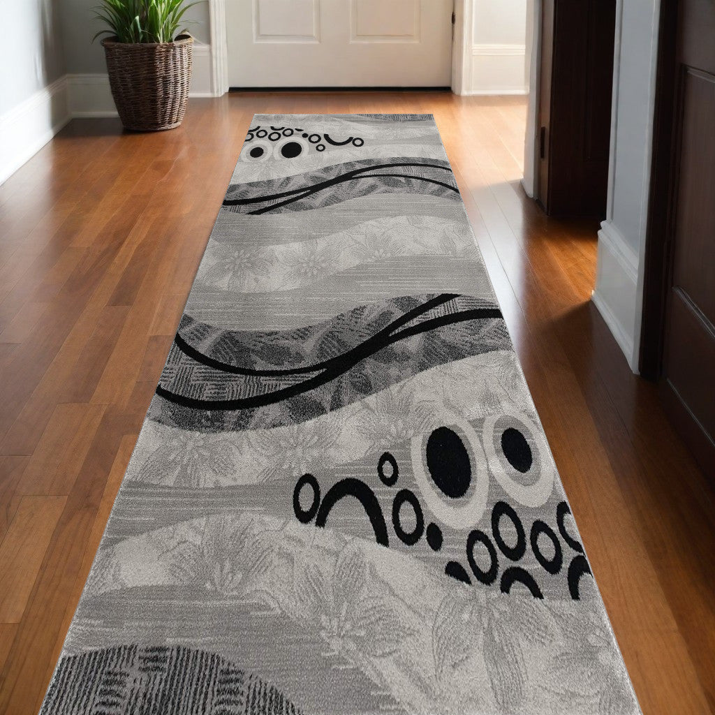 13' Gray And Black Abstract Shag Runner Rug-Area Rugs-DECOROLALA