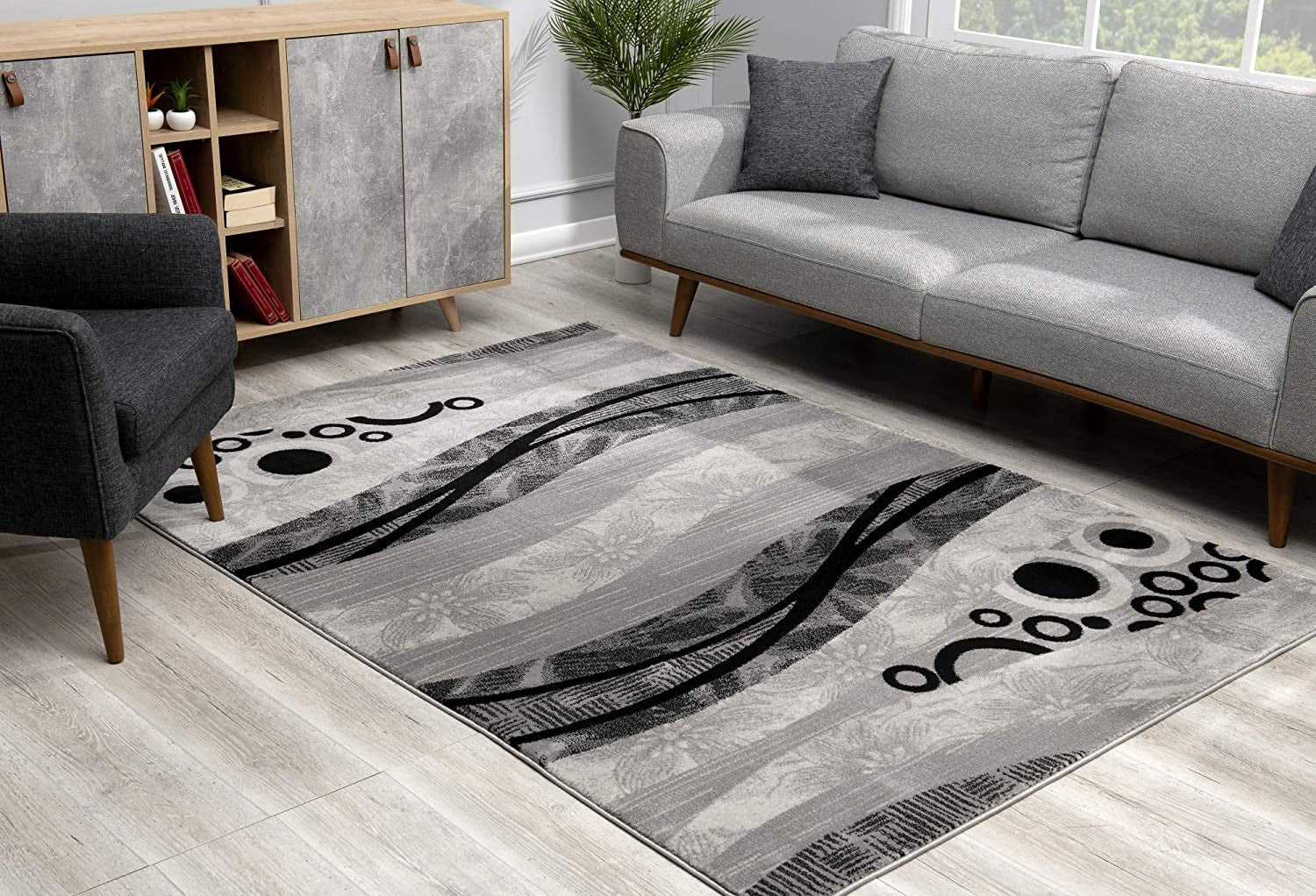 13' Gray And Black Abstract Shag Runner Rug-Area Rugs-DECOROLALA