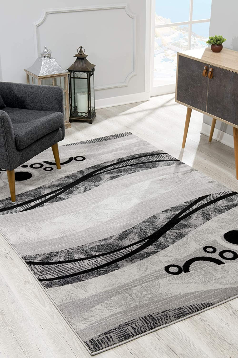 13' Gray And Black Abstract Shag Runner Rug-Area Rugs-DECOROLALA