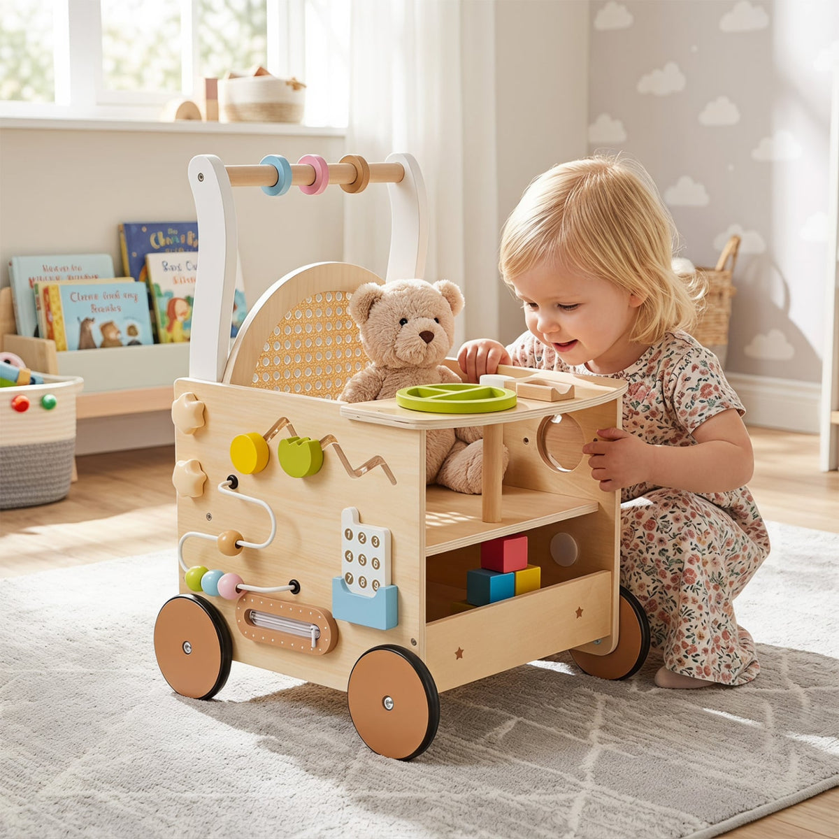 13-In-1 Toddler Wooden Push Walker with Wheels and Storage-Baby Gyms & Playmats-DECOROLALA