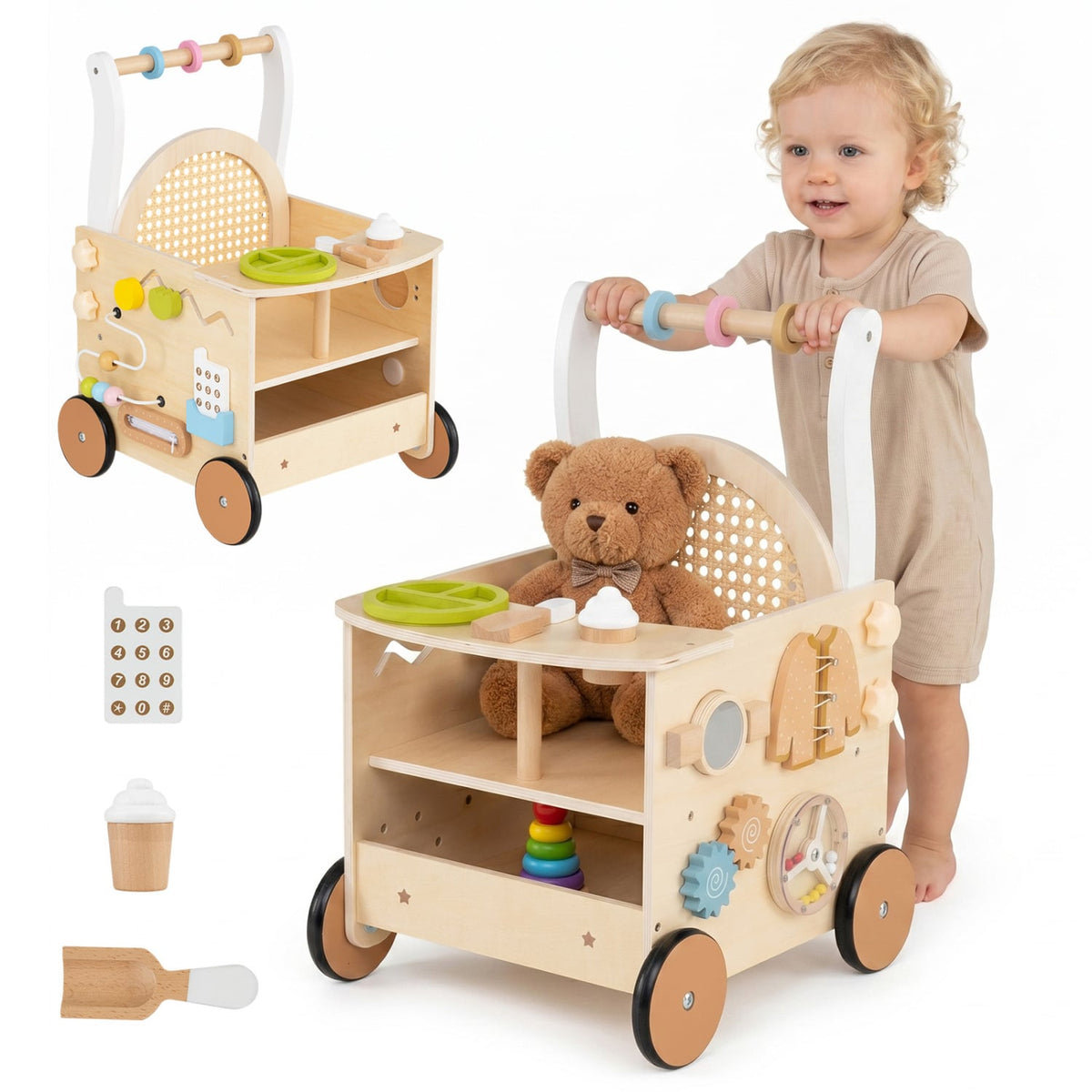 13-In-1 Toddler Wooden Push Walker with Wheels and Storage-Baby Gyms & Playmats-DECOROLALA