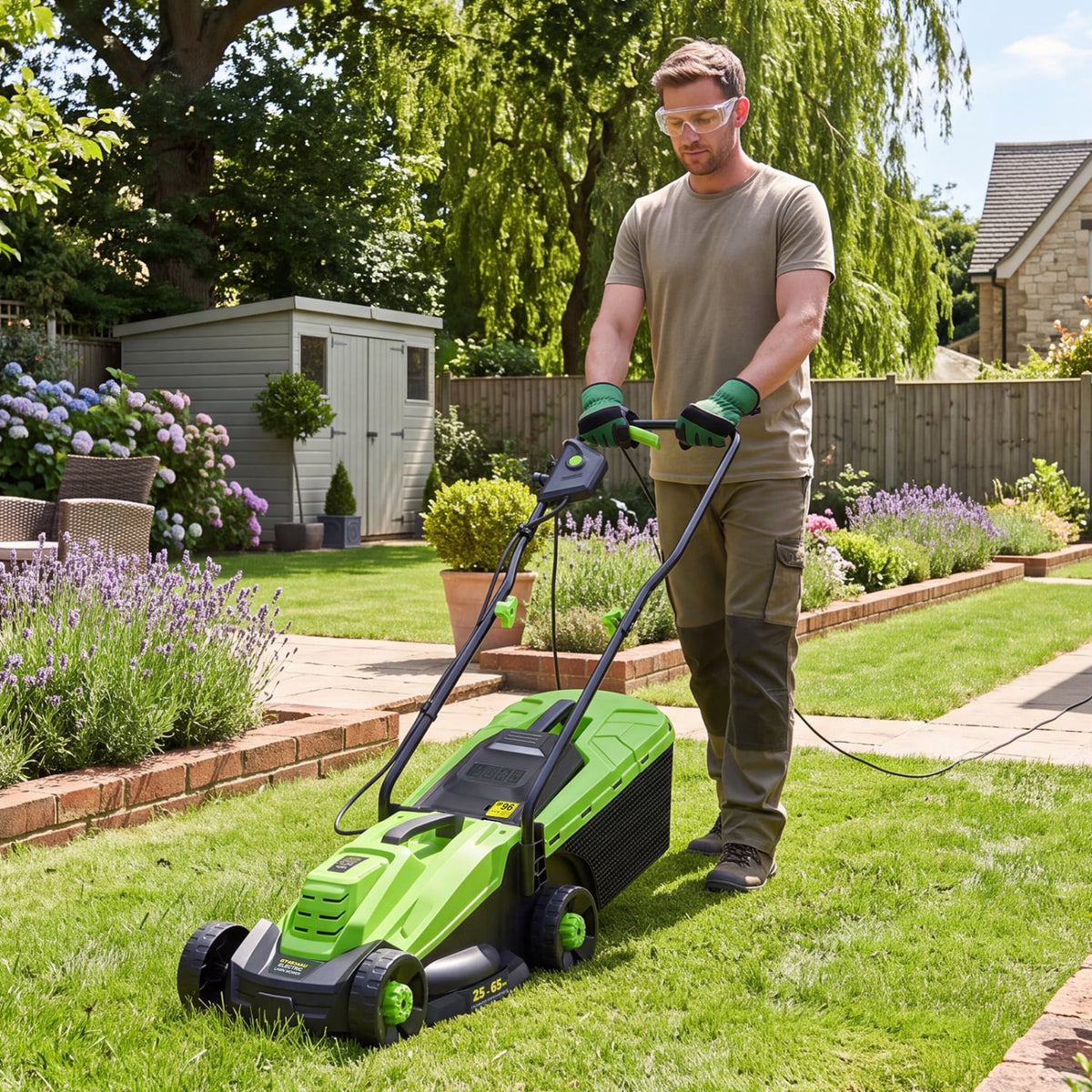 13-Inch 12-Amp Corded Electric Lawn Mower with 3-Position Height Adjustment-Green-Garden Tools-DECOROLALA