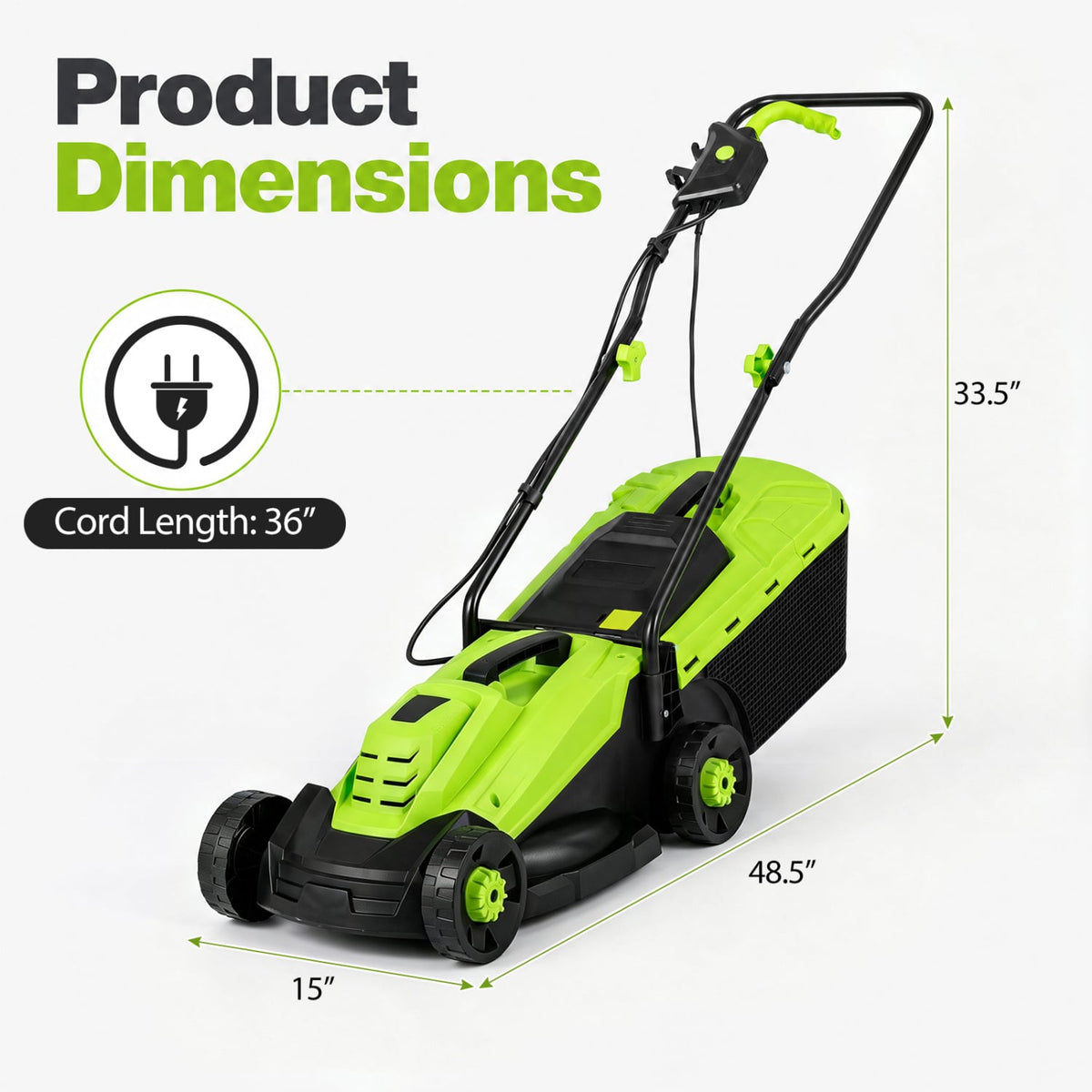 13-Inch 12-Amp Corded Electric Lawn Mower with 3-Position Height Adjustment-Green-Garden Tools-DECOROLALA