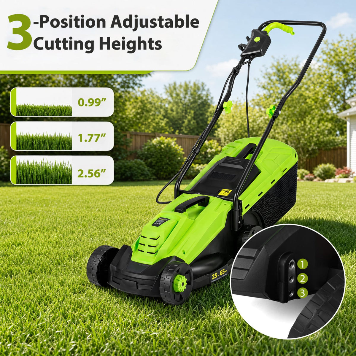 13-Inch 12-Amp Corded Electric Lawn Mower with 3-Position Height Adjustment-Green-Garden Tools-DECOROLALA
