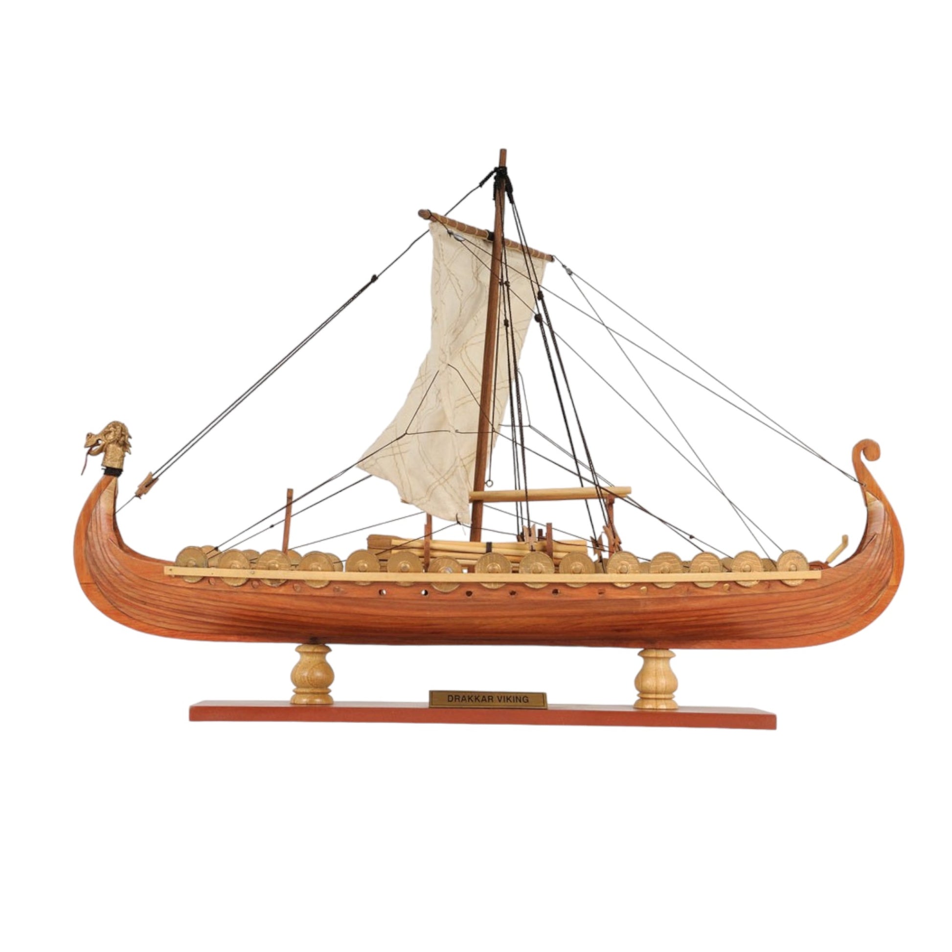 13" Wood Brown Solid Wood Hand Painted Model Boat Tabletop Sculpture-Sculptures-DECOROLALA