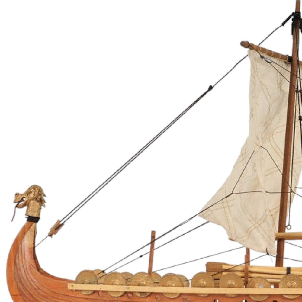 13" Wood Brown Solid Wood Hand Painted Model Boat Tabletop Sculpture-Sculptures-DECOROLALA