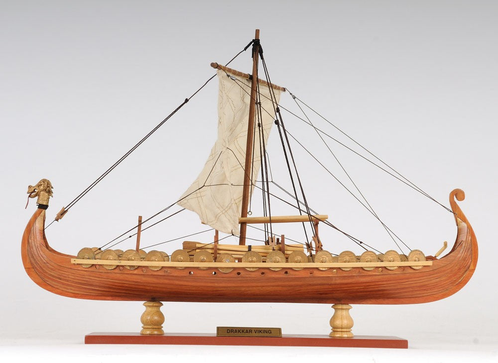 13" Wood Brown Solid Wood Hand Painted Model Boat Tabletop Sculpture-Sculptures-DECOROLALA