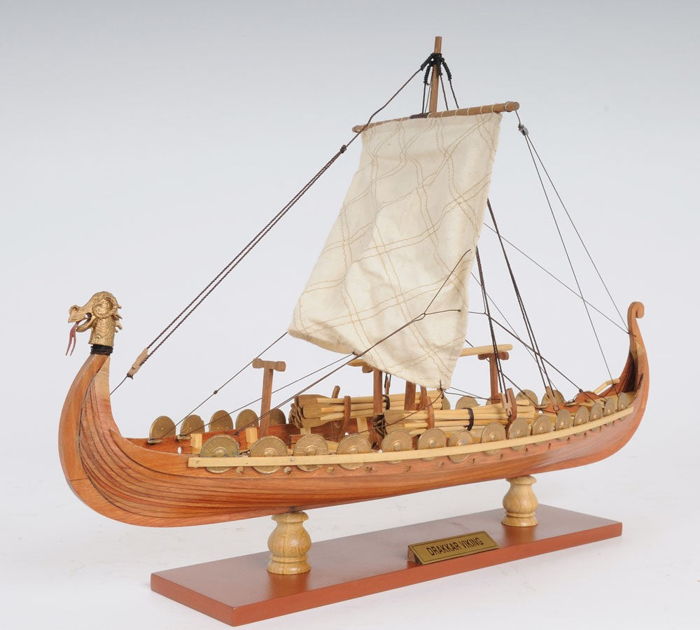 13" Wood Brown Solid Wood Hand Painted Model Boat Tabletop Sculpture-Sculptures-DECOROLALA