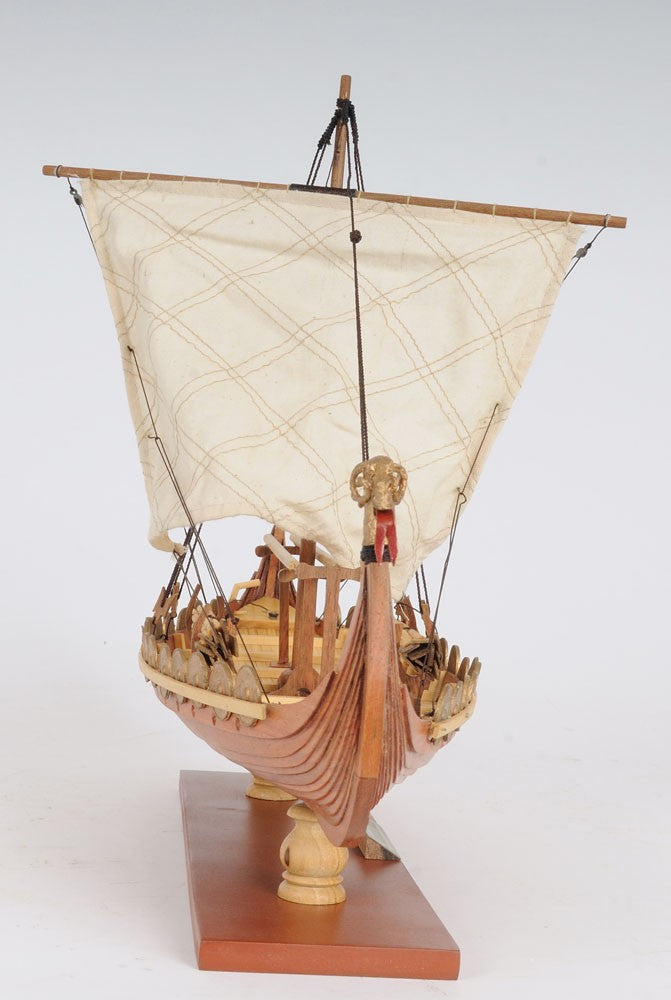 13" Wood Brown Solid Wood Hand Painted Model Boat Tabletop Sculpture-Sculptures-DECOROLALA