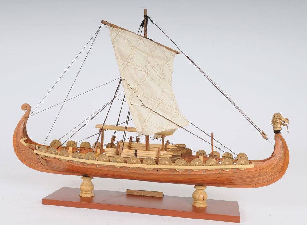 13" Wood Brown Solid Wood Hand Painted Model Boat Tabletop Sculpture-Sculptures-DECOROLALA