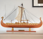 13" Wood Brown Solid Wood Hand Painted Model Boat Tabletop Sculpture-Sculptures-DECOROLALA