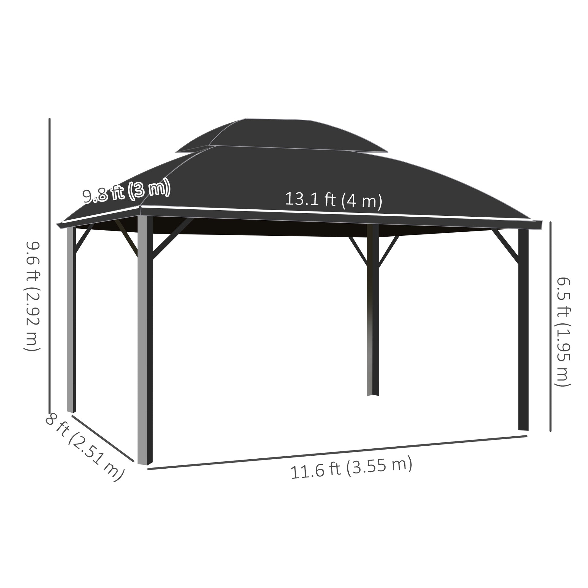 13' x 10' Hardtop Patio Gazebo with Curtains - Black-DECOROLALA