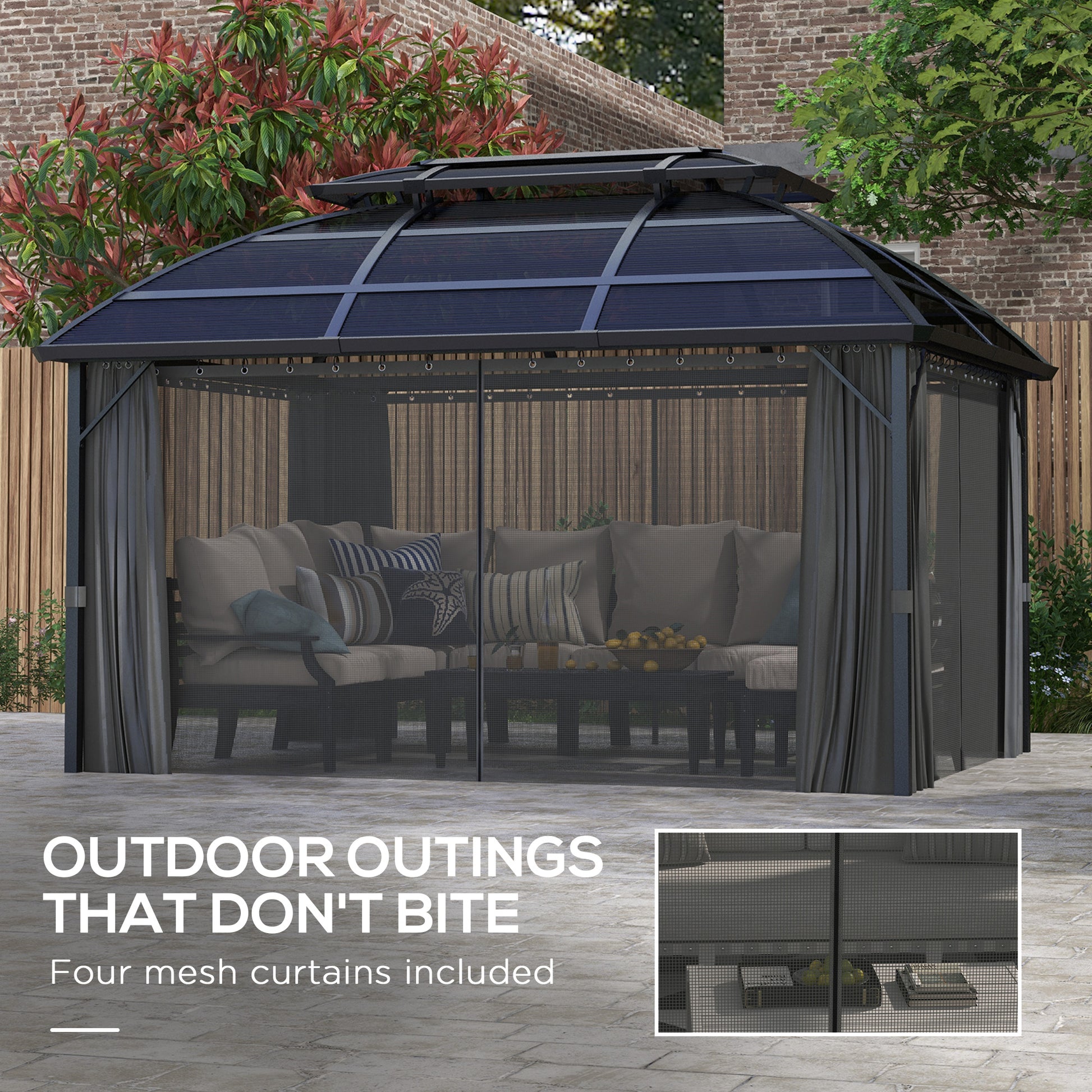 13' x 10' Hardtop Patio Gazebo with Curtains - Black-DECOROLALA