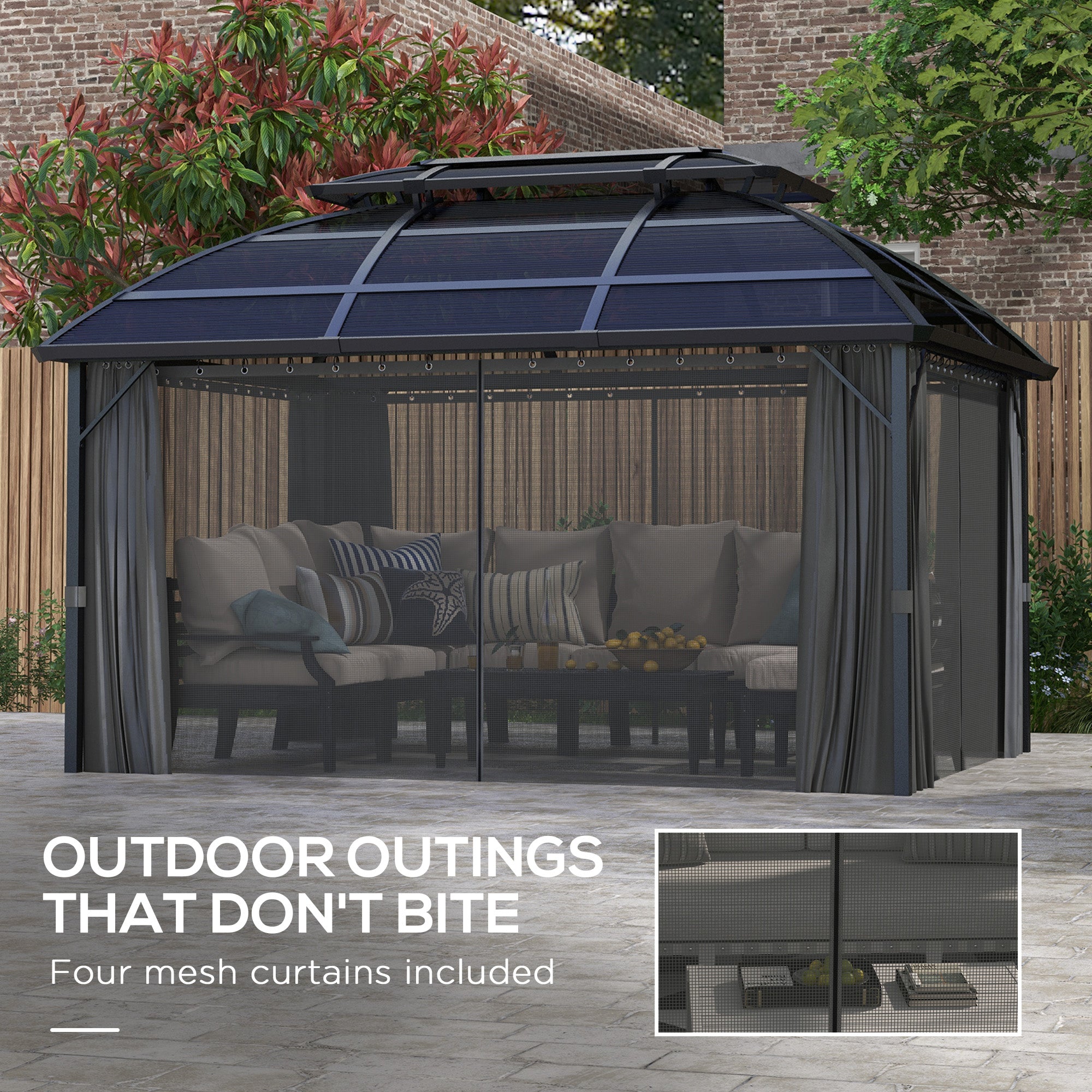 13' x 10' Hardtop Patio Gazebo with Curtains - Black-DECOROLALA