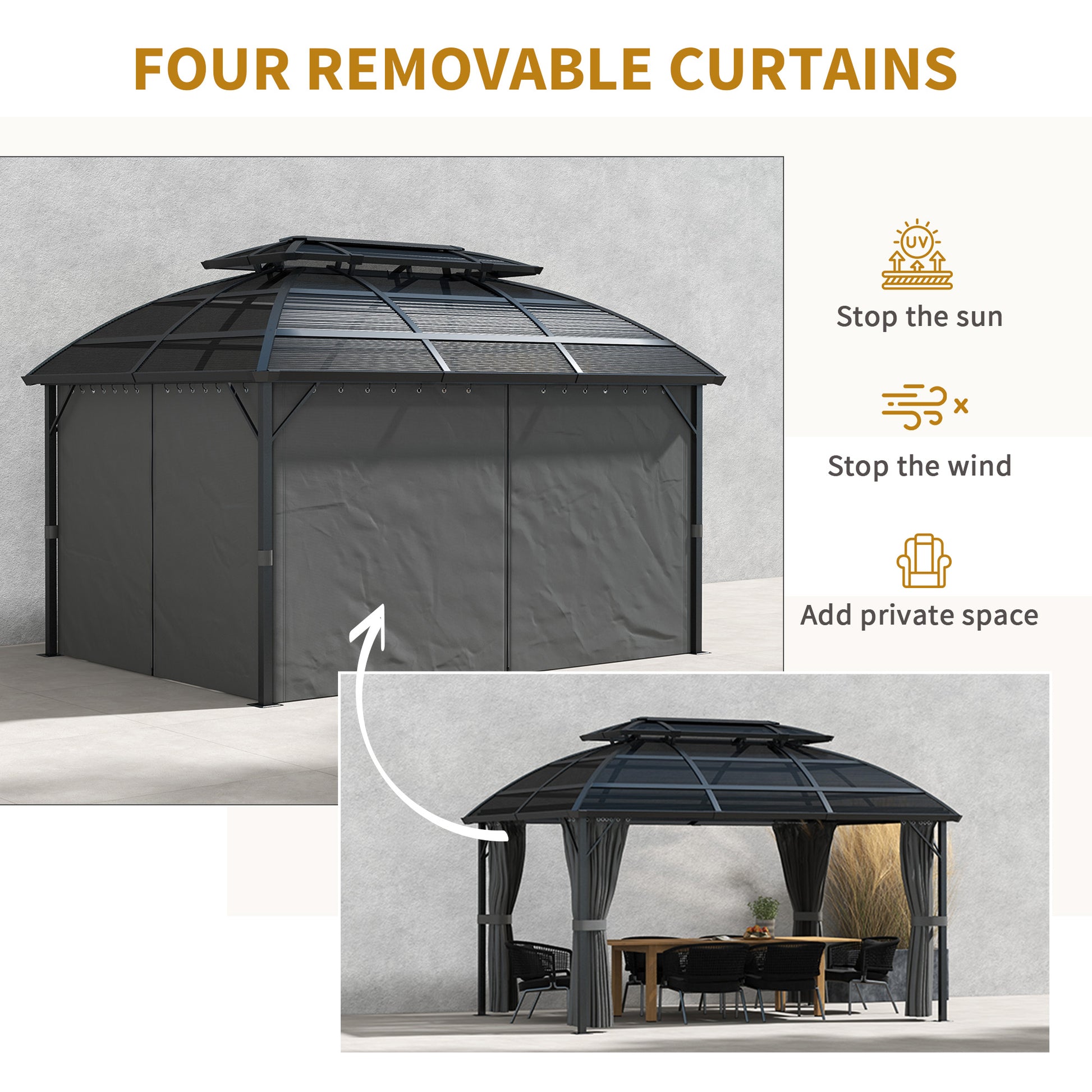 13' x 10' Hardtop Patio Gazebo with Curtains - Black-DECOROLALA