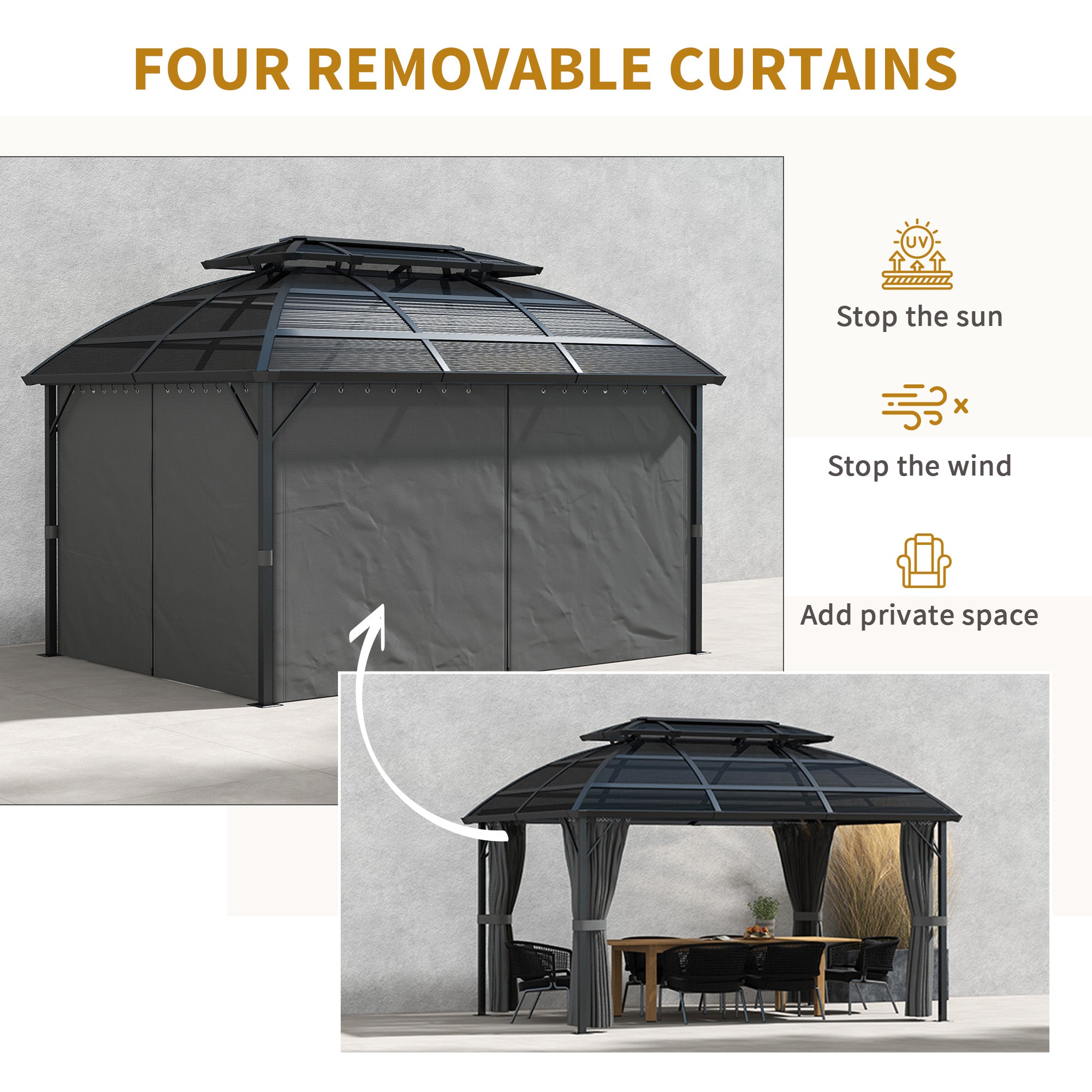 13' x 10' Hardtop Patio Gazebo with Curtains - Black-DECOROLALA