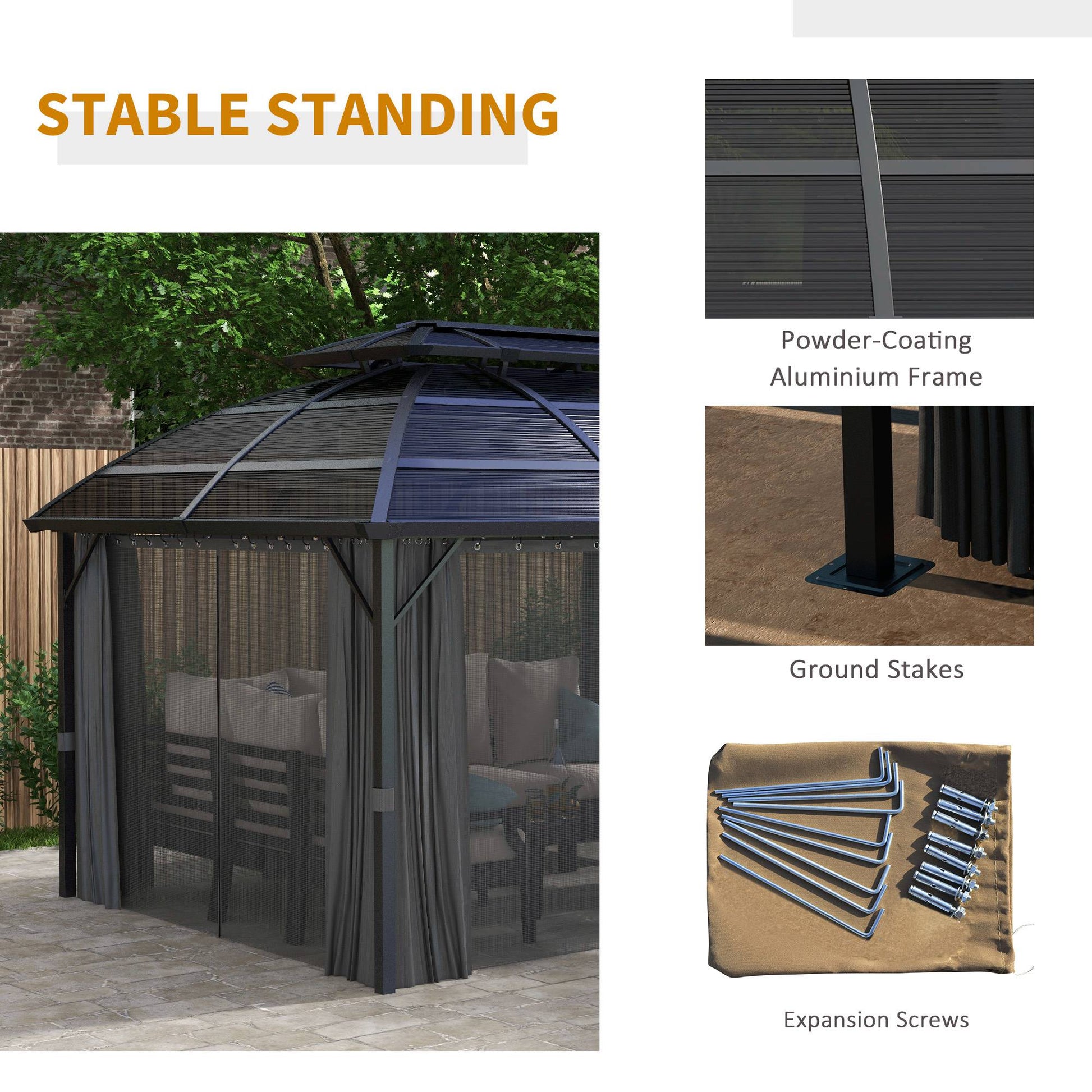 13' x 10' Hardtop Patio Gazebo with Curtains - Black-DECOROLALA
