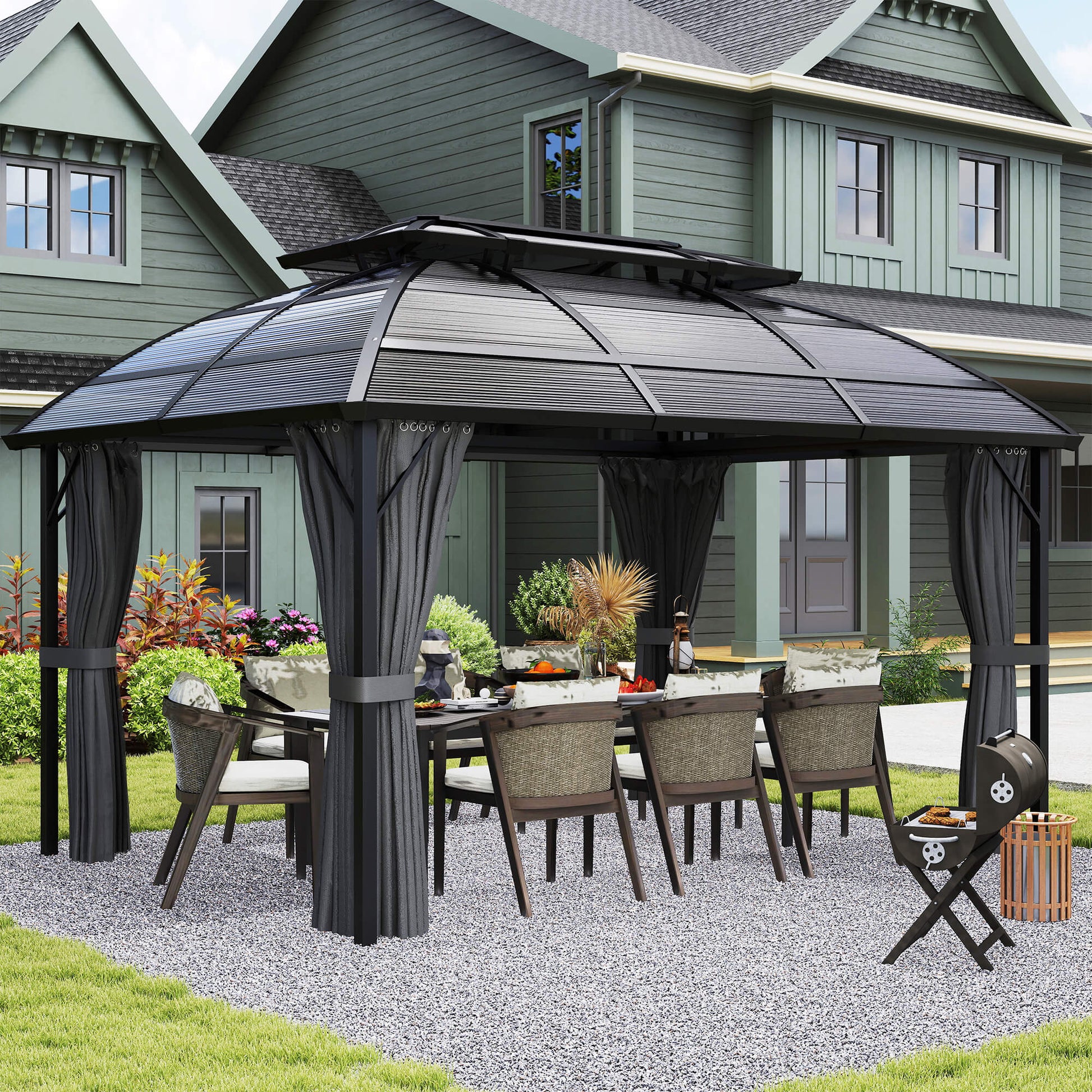 13' x 10' Hardtop Patio Gazebo with Curtains - Black-DECOROLALA
