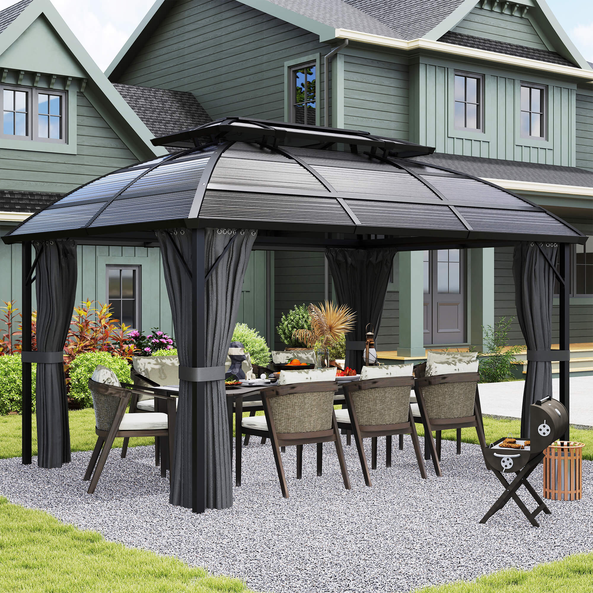 13' x 10' Hardtop Patio Gazebo with Curtains - Black-DECOROLALA