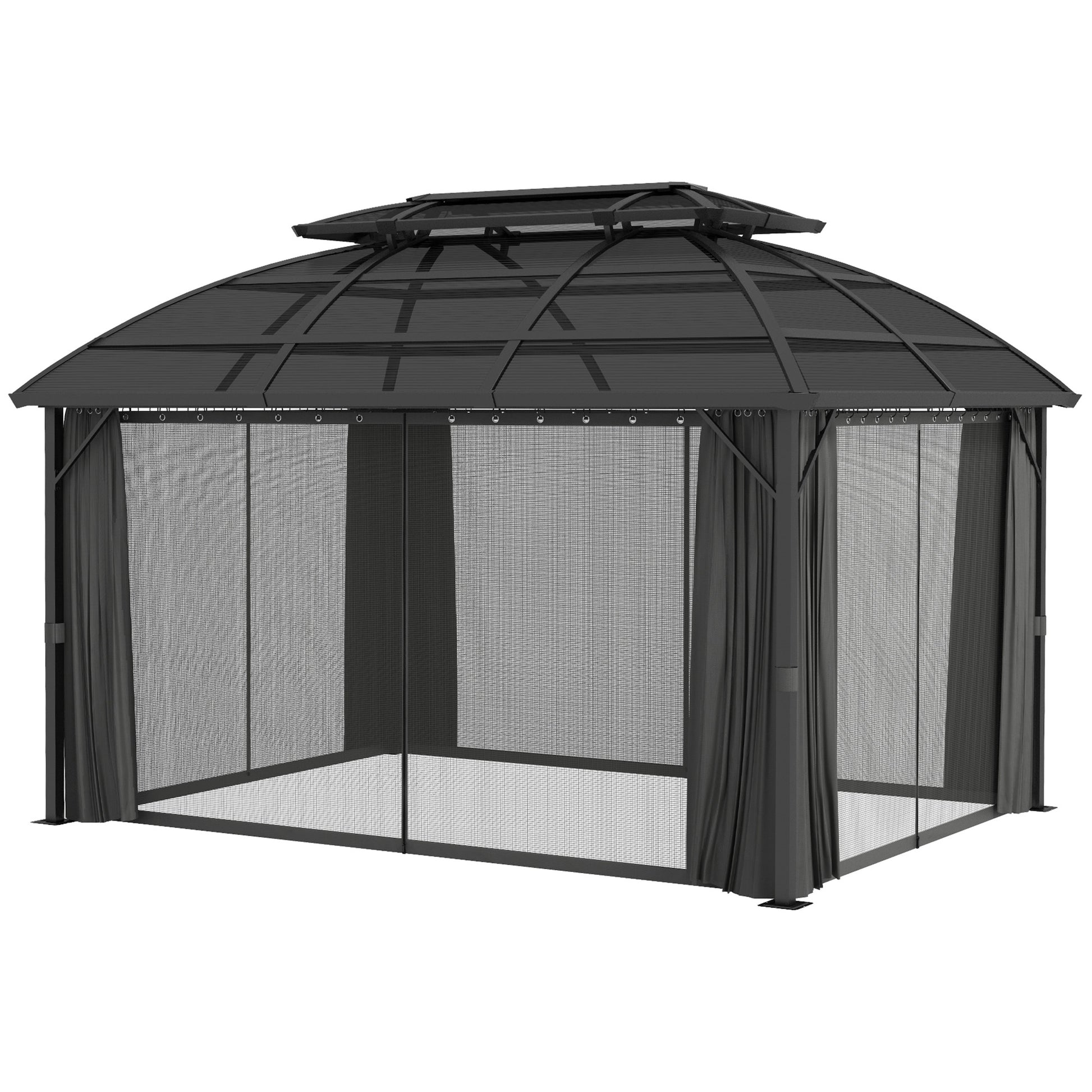 13' x 10' Hardtop Patio Gazebo with Curtains - Black-DECOROLALA