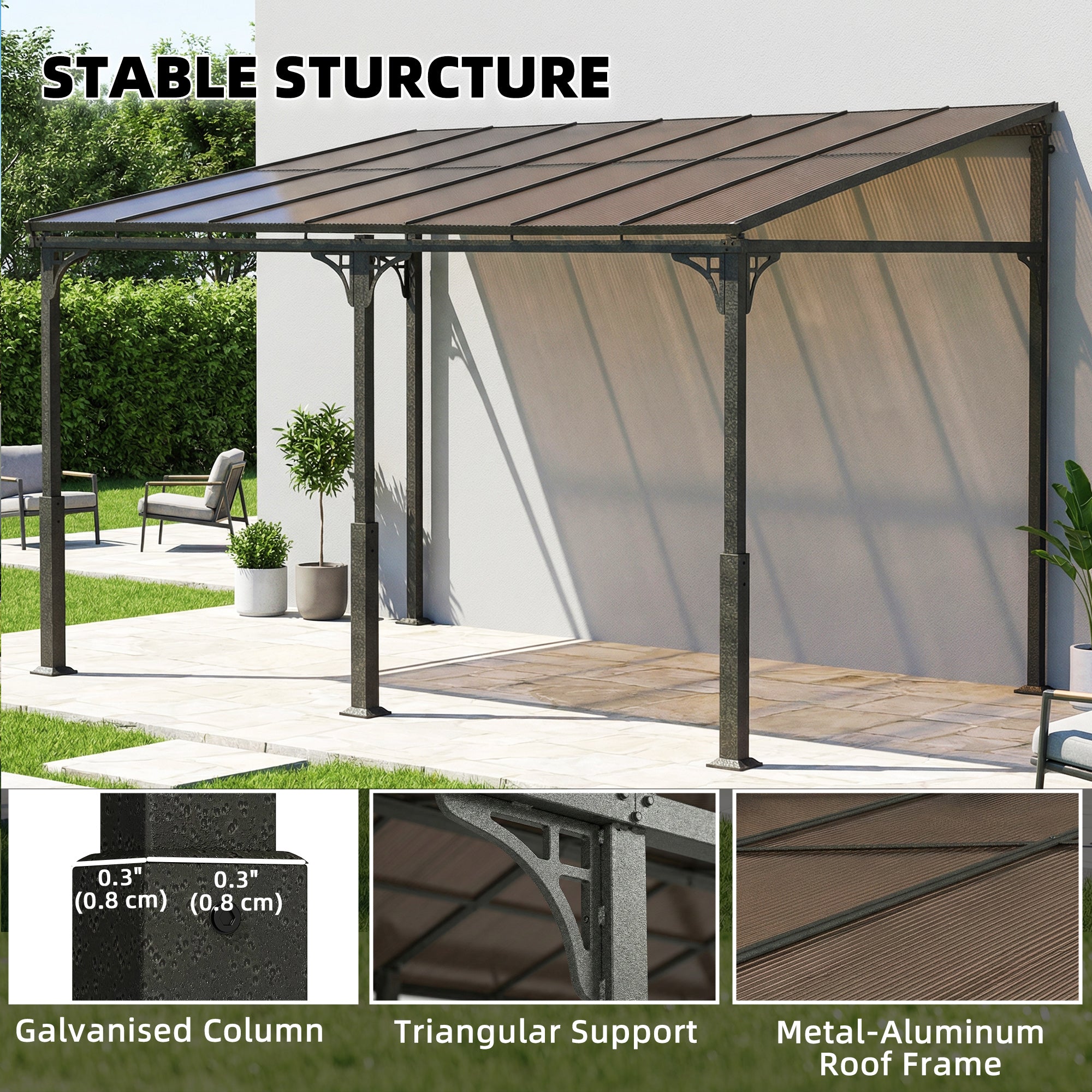 13' x 10' Lean to Gazebo - Wall Mounted Pergola Brown-Gazebo-DECOROLALA