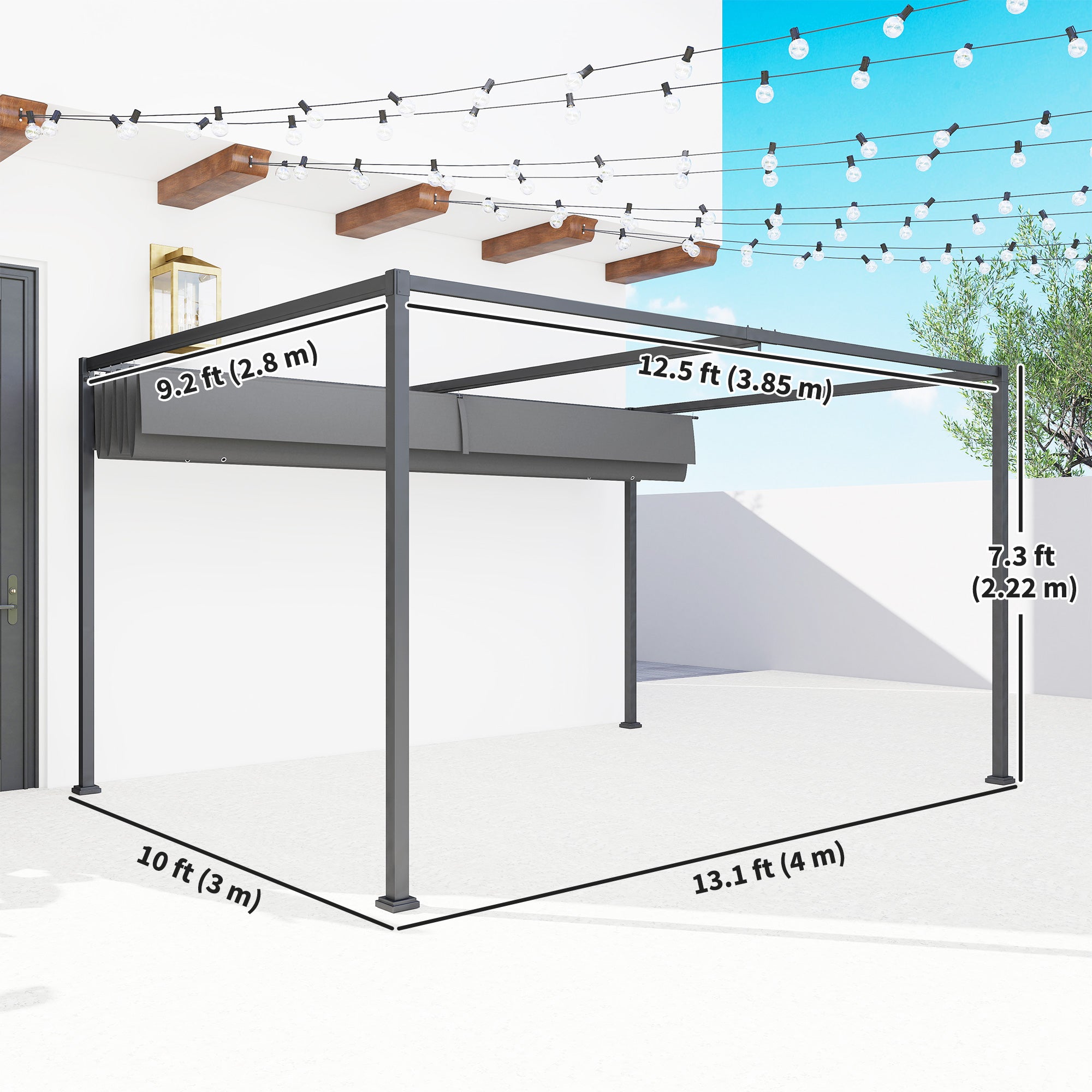 13' x 10' Patio Pergola with Retractable Canopy - Dark Grey-DECOROLALA