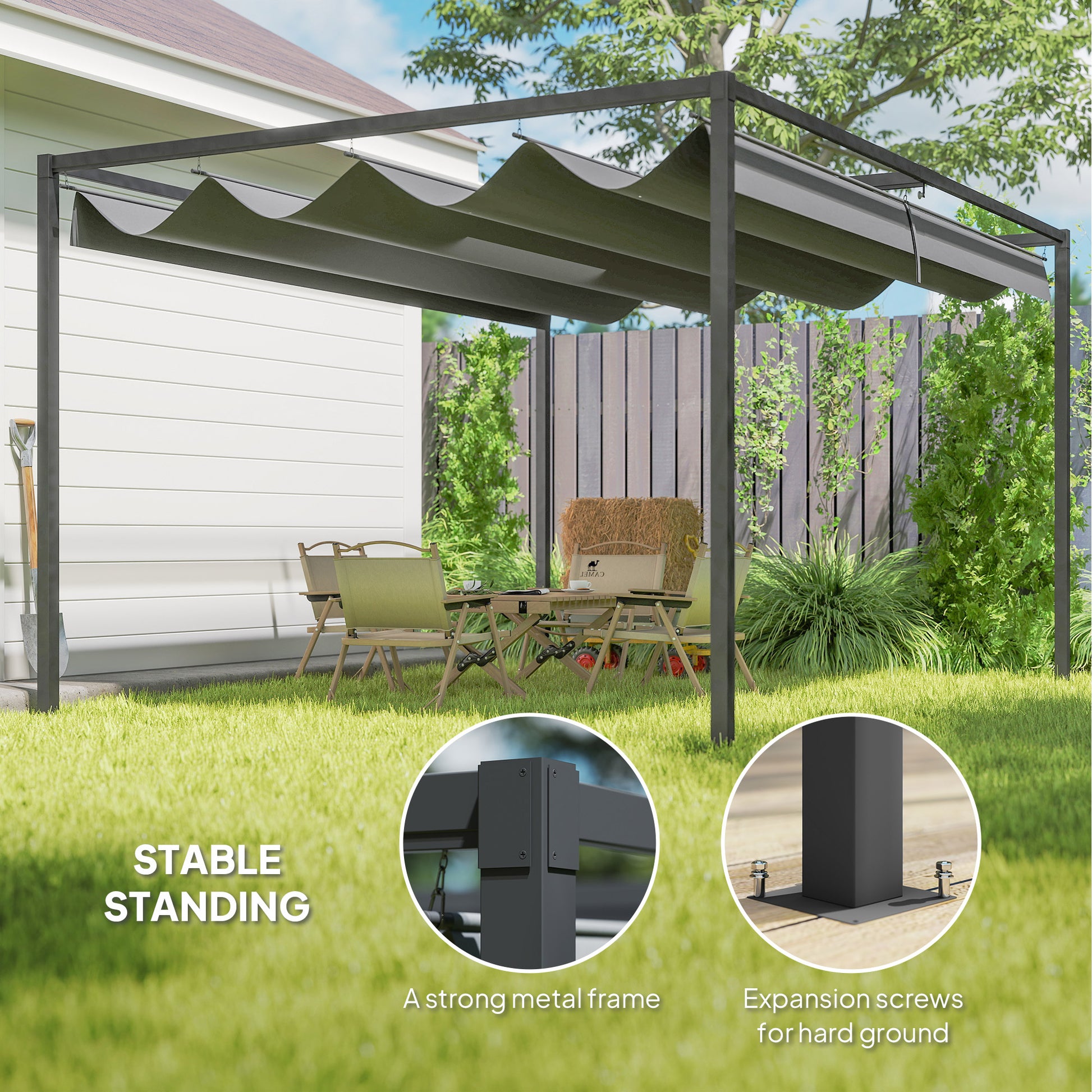 13' x 10' Patio Pergola with Retractable Canopy - Dark Grey-DECOROLALA