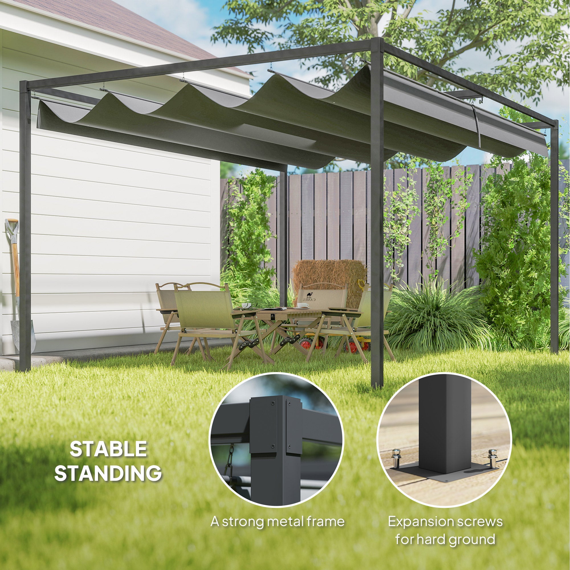 13' x 10' Patio Pergola with Retractable Canopy - Dark Grey-DECOROLALA