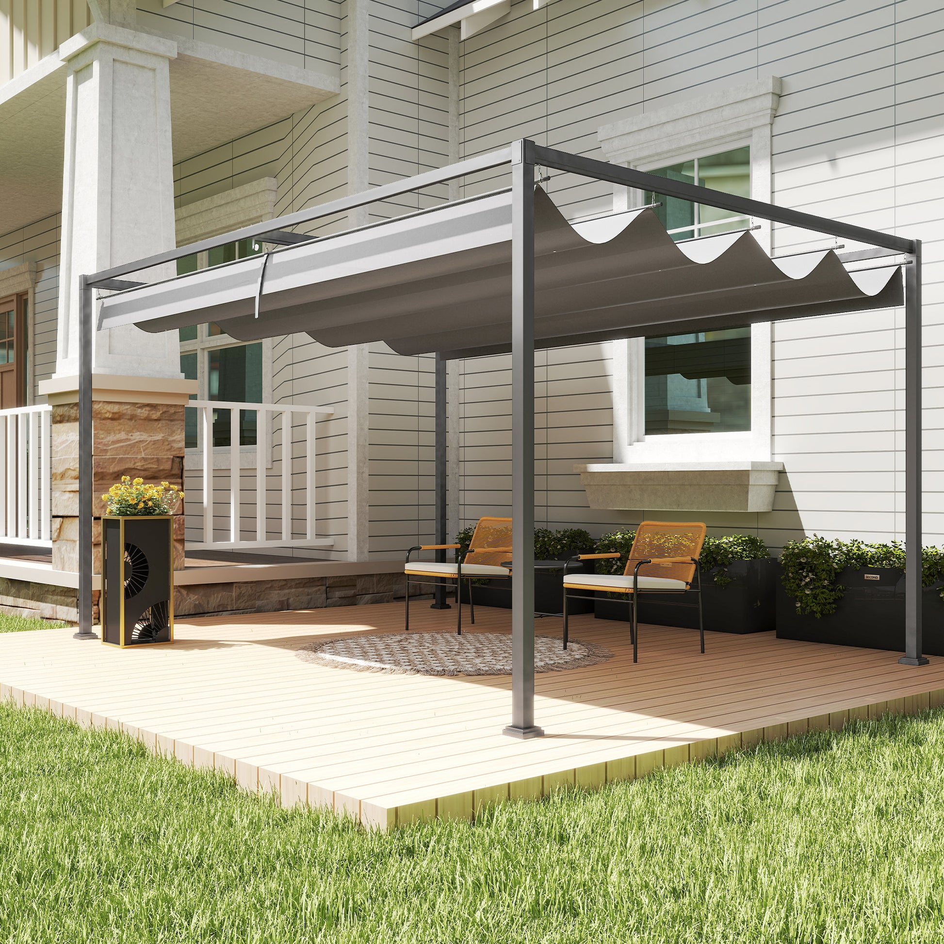 13' x 10' Patio Pergola with Retractable Canopy - Dark Grey-DECOROLALA