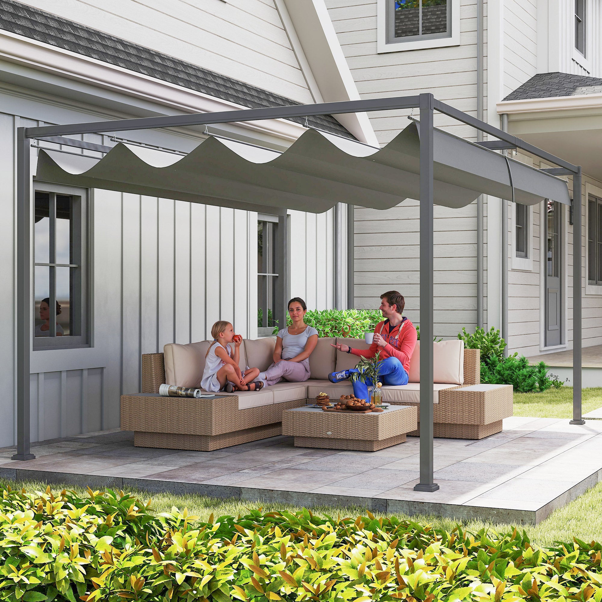 13' x 10' Patio Pergola with Retractable Canopy - Dark Grey-DECOROLALA