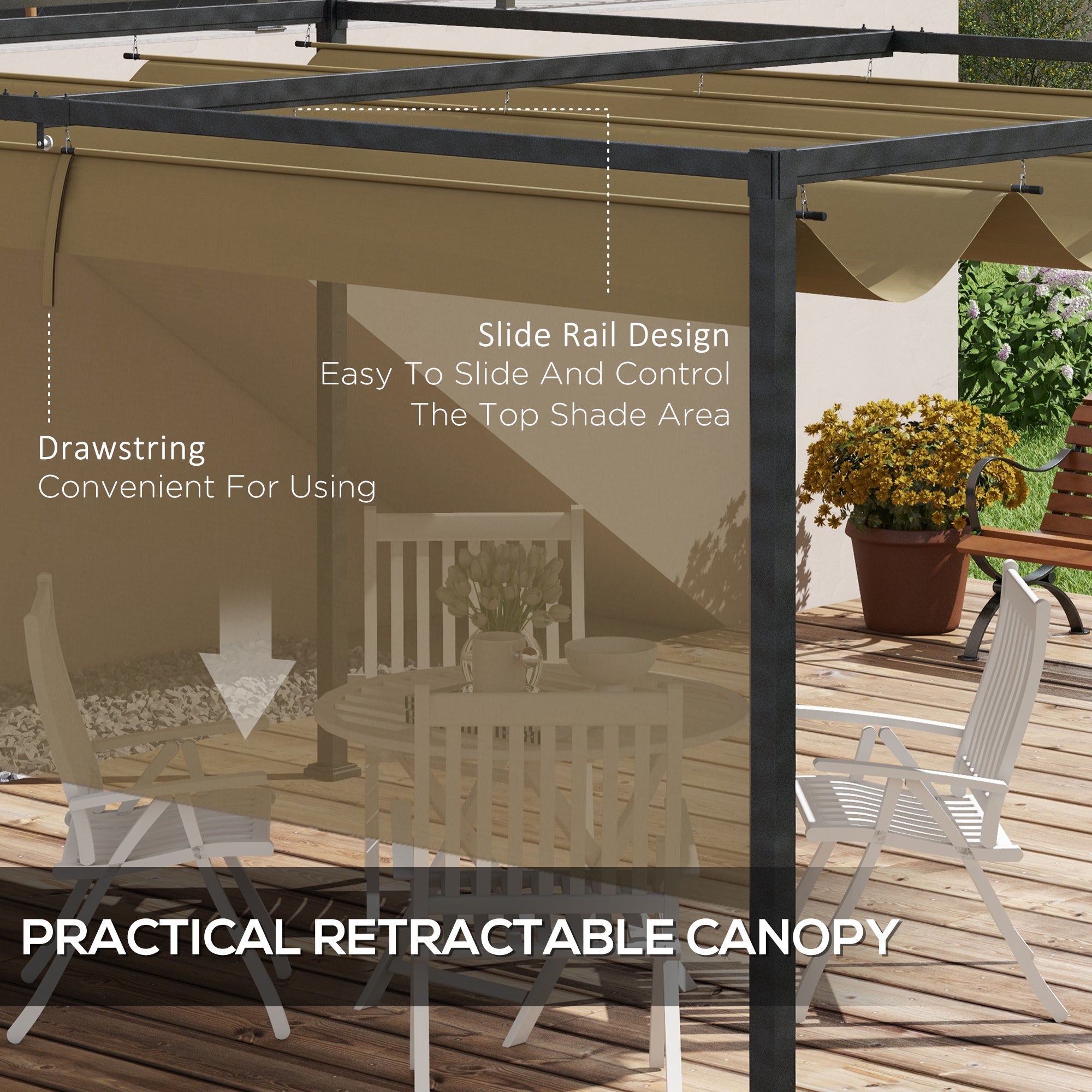 13' x 10' Patio Pergola with Retractable Canopy - Khaki-DECOROLALA
