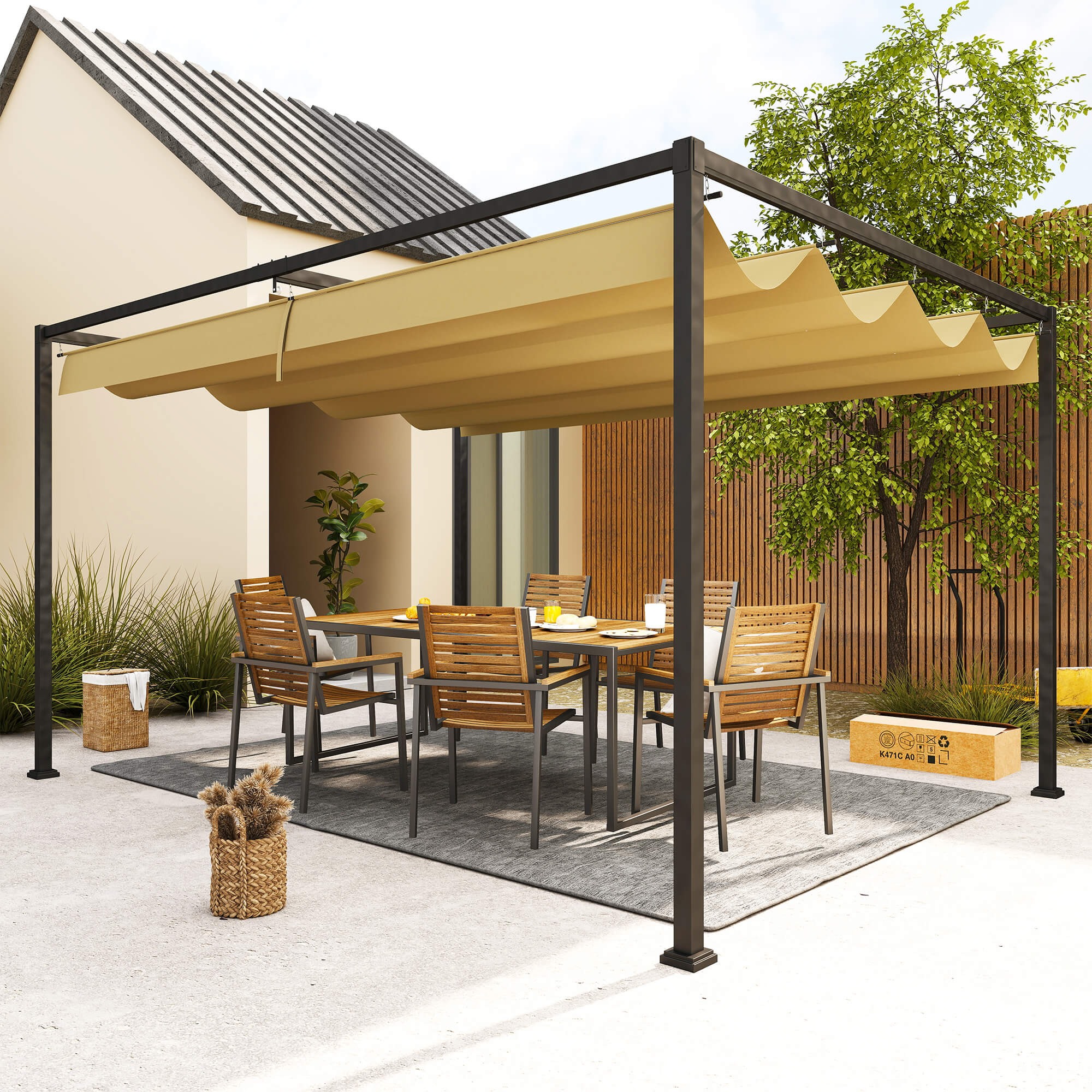 13' x 10' Patio Pergola with Retractable Canopy - Khaki-DECOROLALA