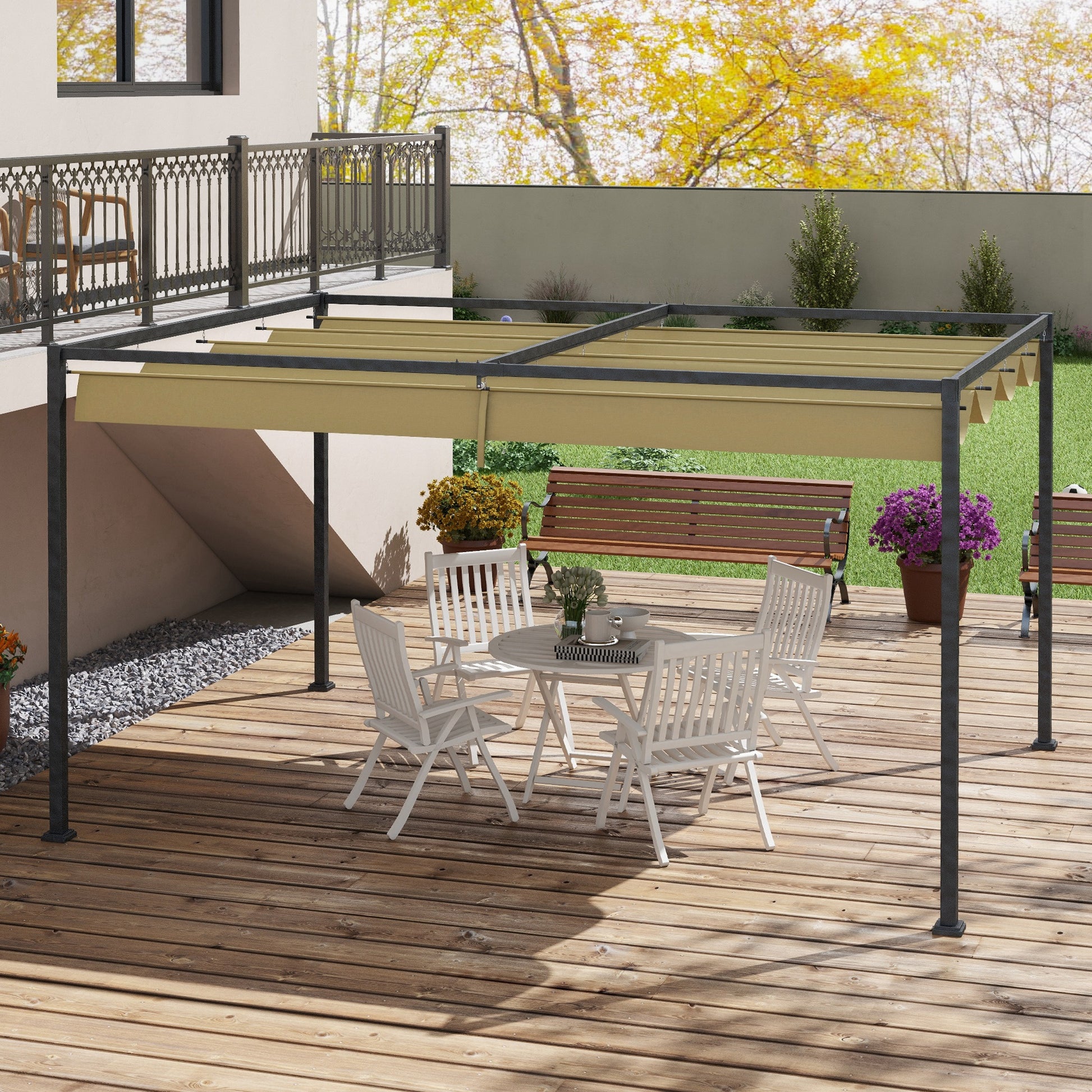 13' x 10' Patio Pergola with Retractable Canopy - Khaki-DECOROLALA