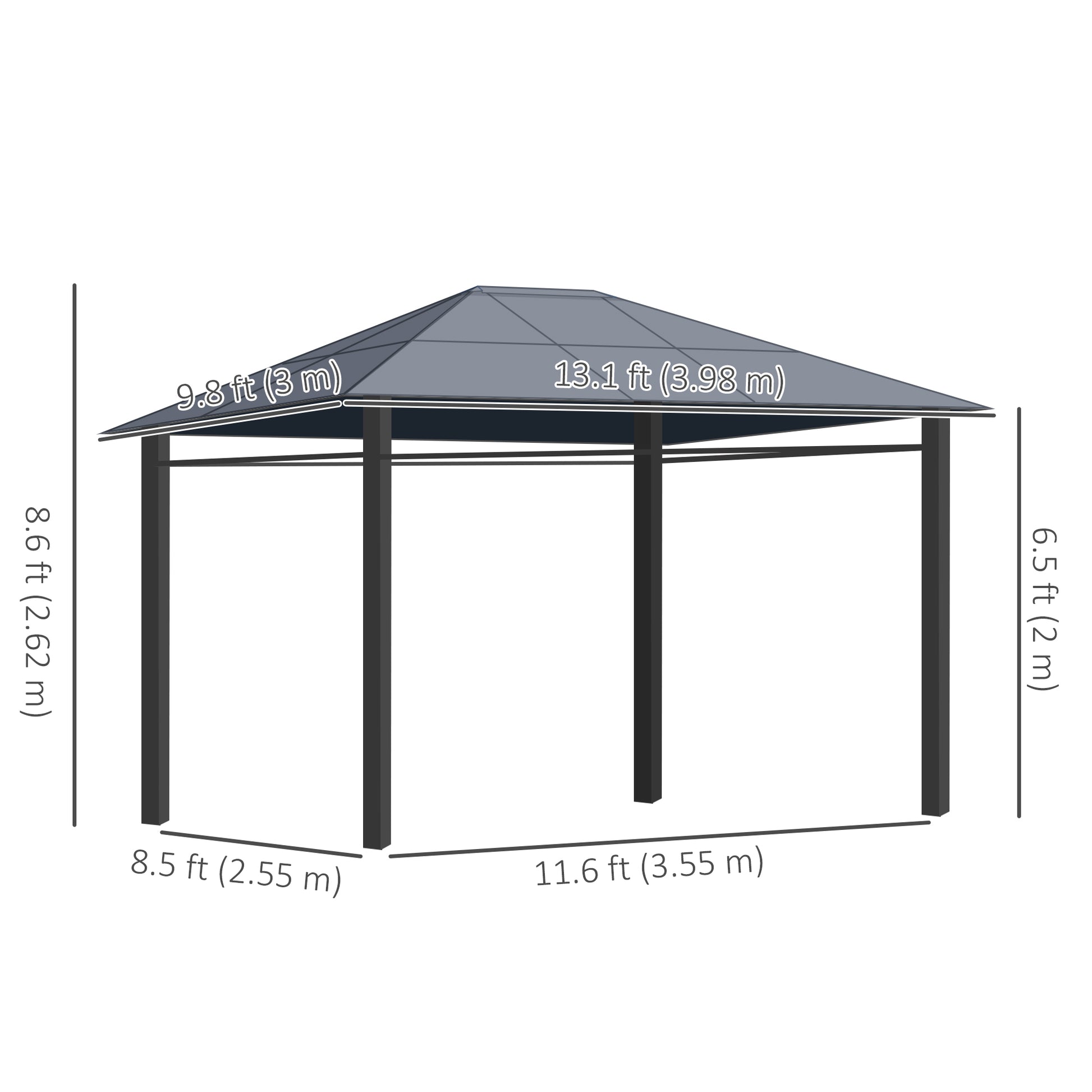 13' x 10' Polycarbonate Hardtop Gazebo - Dark Grey Aluminum Frame-DECOROLALA