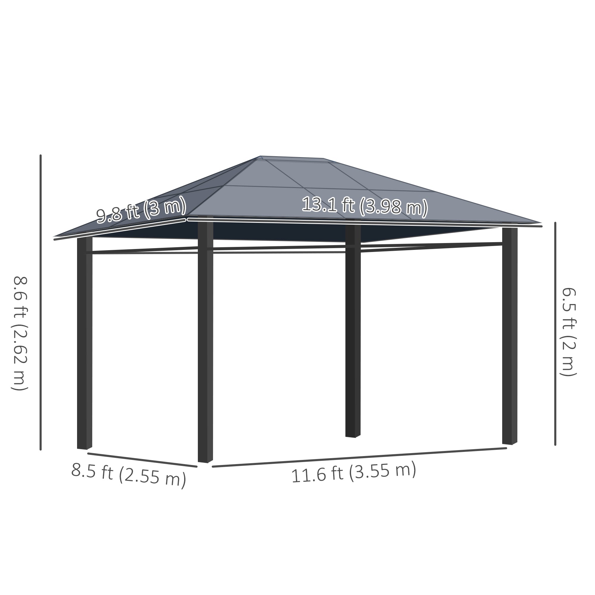 13' x 10' Polycarbonate Hardtop Gazebo - Dark Grey Aluminum Frame-DECOROLALA