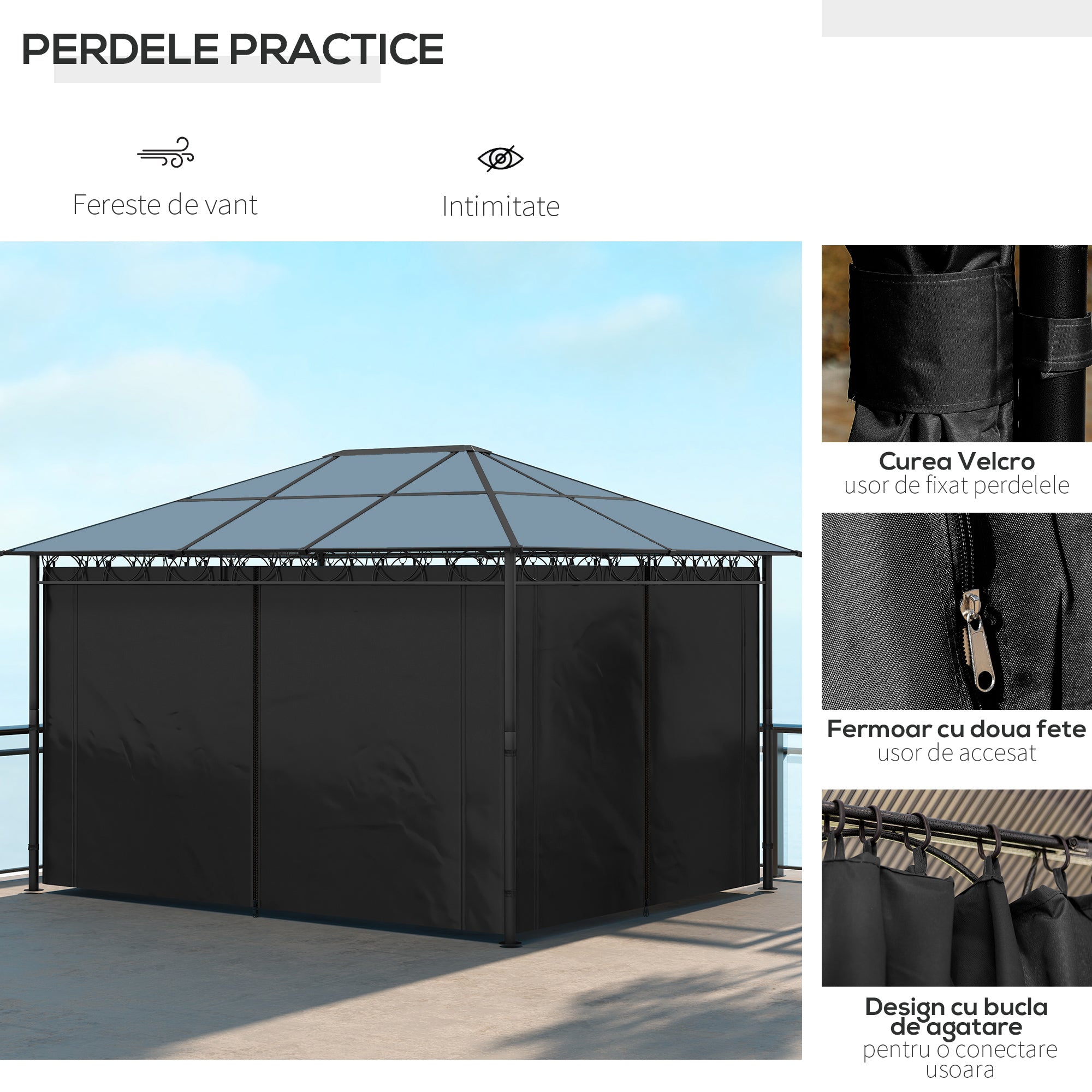 13' x 10' Polycarbonate Hardtop Gazebo - Dark Grey Aluminum Frame-DECOROLALA
