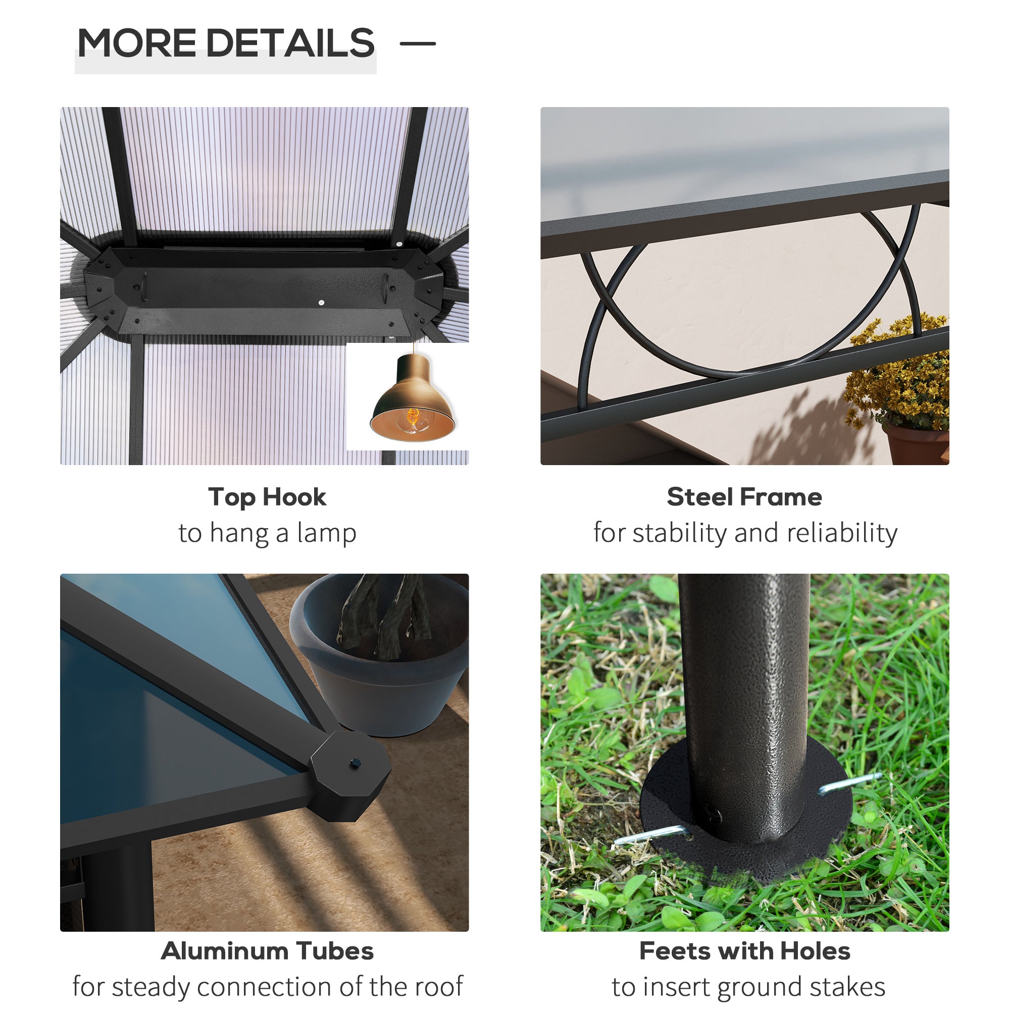 13' x 10' Polycarbonate Hardtop Gazebo - Dark Grey Aluminum Frame-DECOROLALA