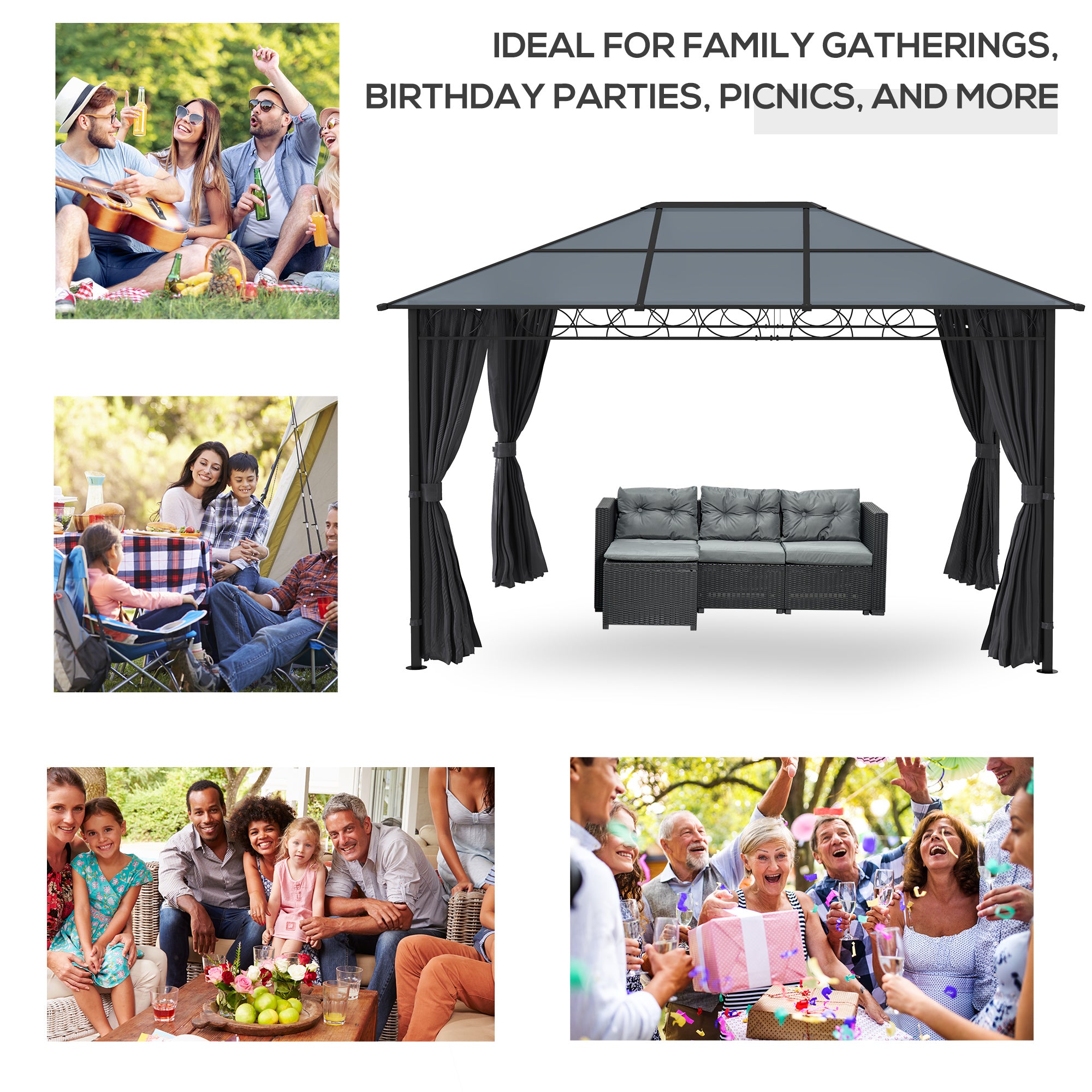 13' x 10' Polycarbonate Hardtop Gazebo - Dark Grey Aluminum Frame-DECOROLALA