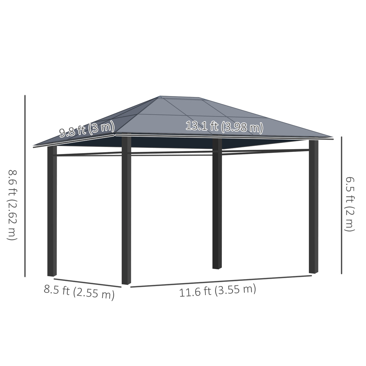 13' x 10' Polycarbonate Hardtop Gazebo - Dark Grey Aluminum Frame-Gazebos-DECOROLALA